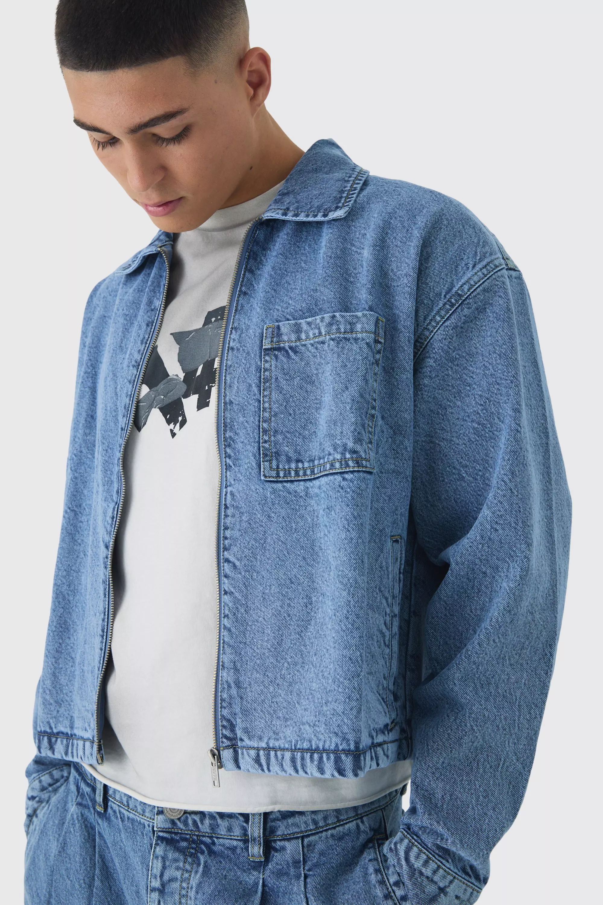 Light wash Boxy Denim Harrington Jacket alternative image