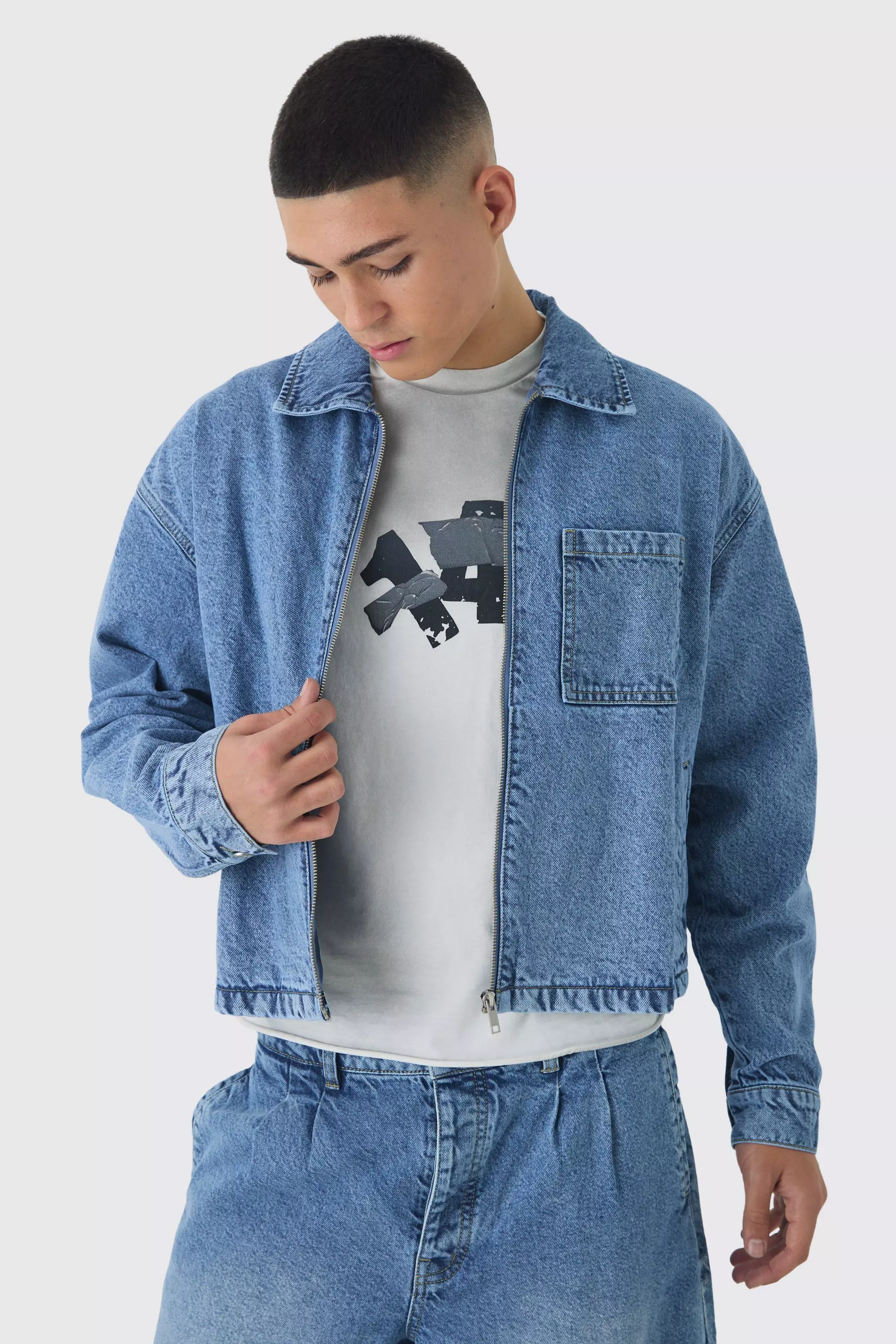 Light wash Boxy Denim Harrington Jacket alternative image