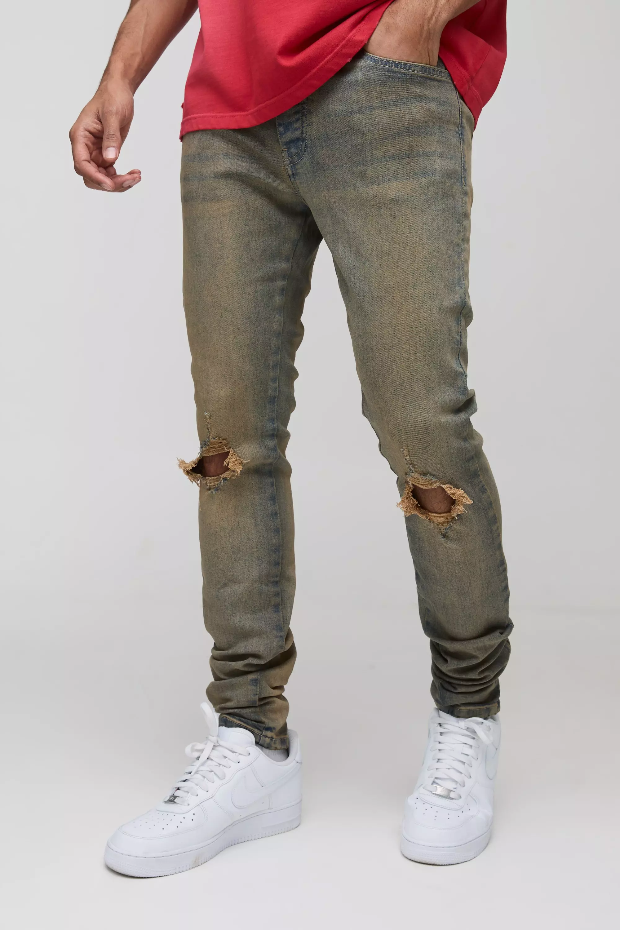 Tinted Rip Knee Stacked Skinny Zip Hem Jeans Antique wash