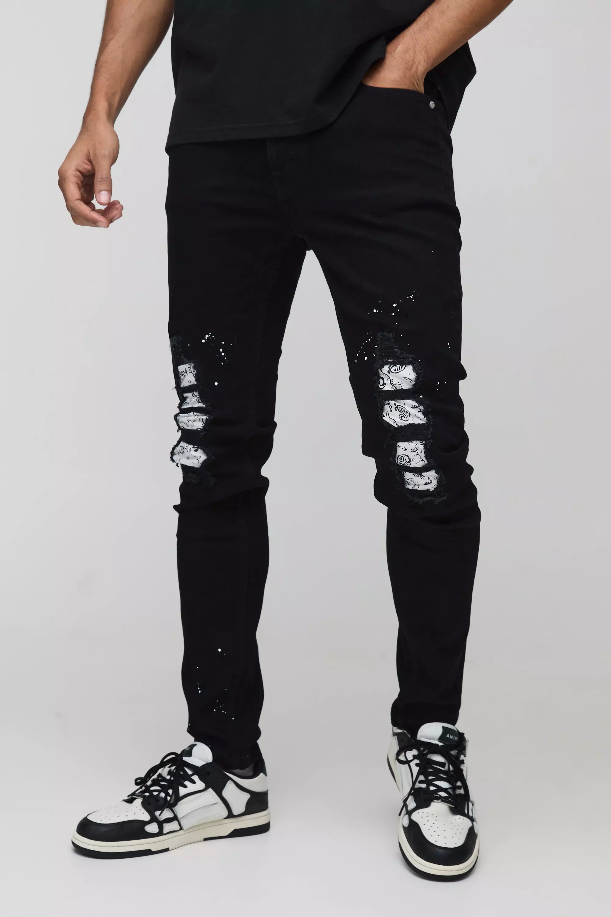 Black Paint Splatter Bandanna Rip & Repair Skinny Jeans alternative image
