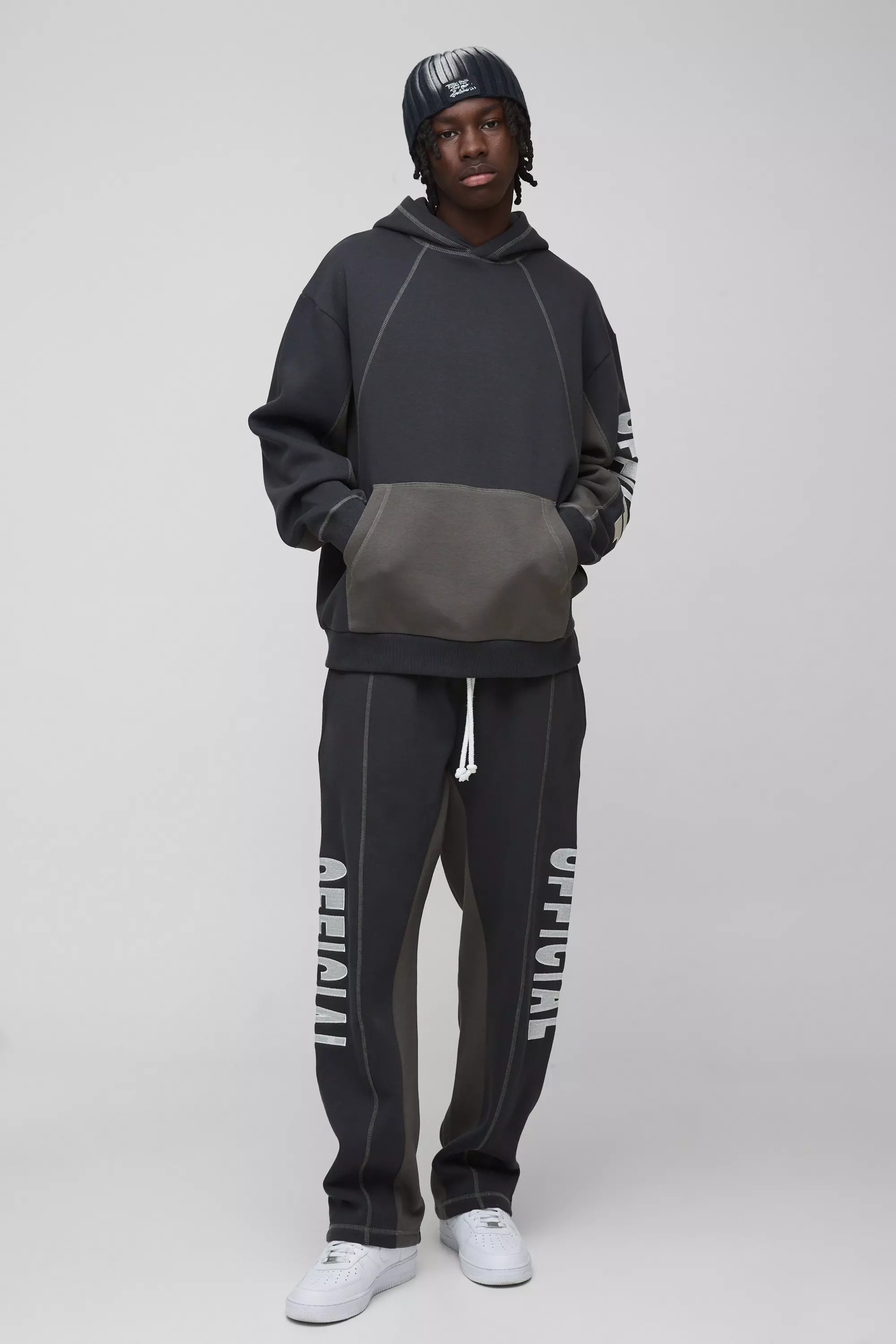 Oversized Contrast Stitch Colour Block Official Embroidered Tracksuit Charcoal