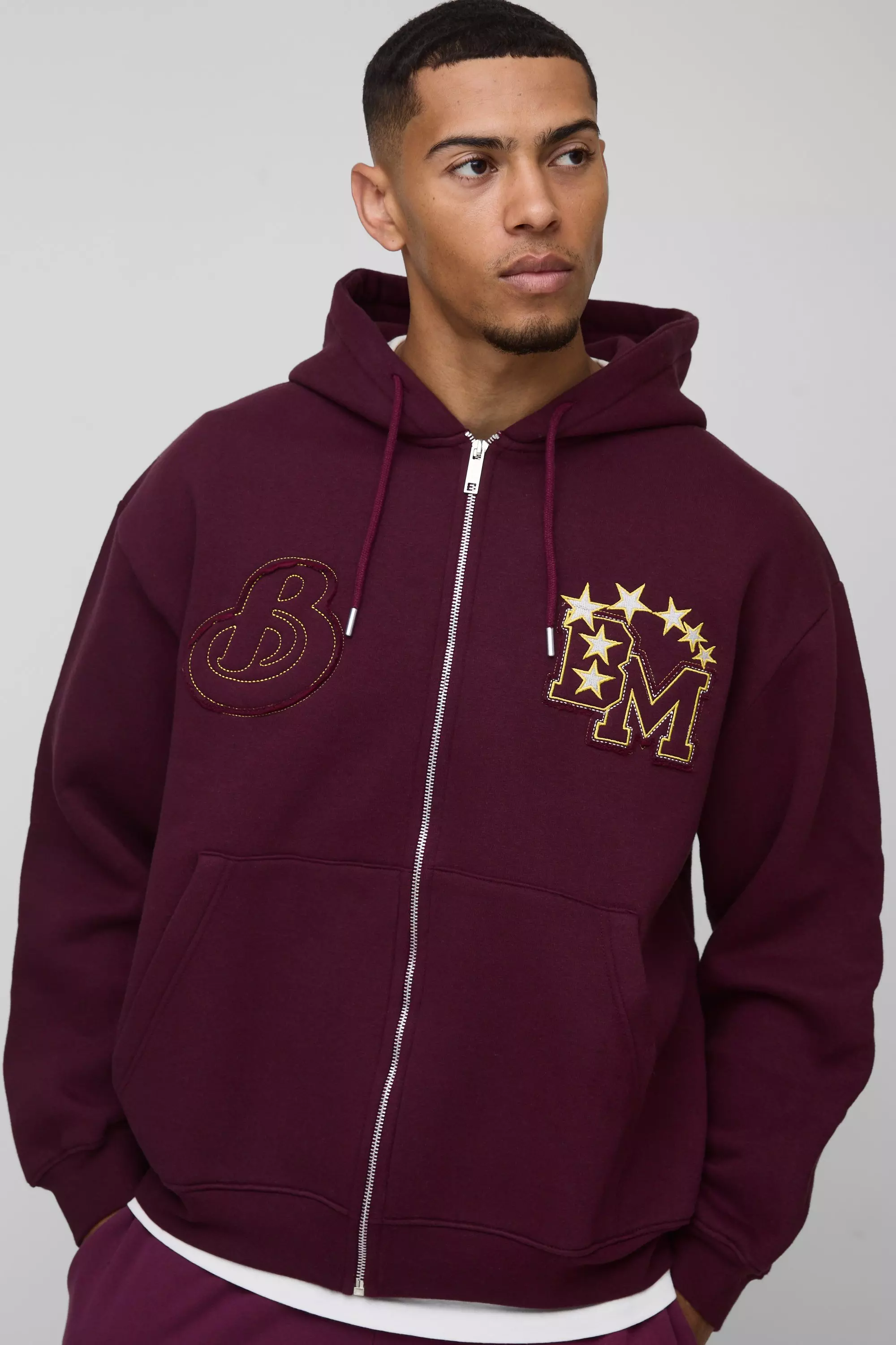 Oversized BM Varsity Applique Zip Through Hoodie Burgundy