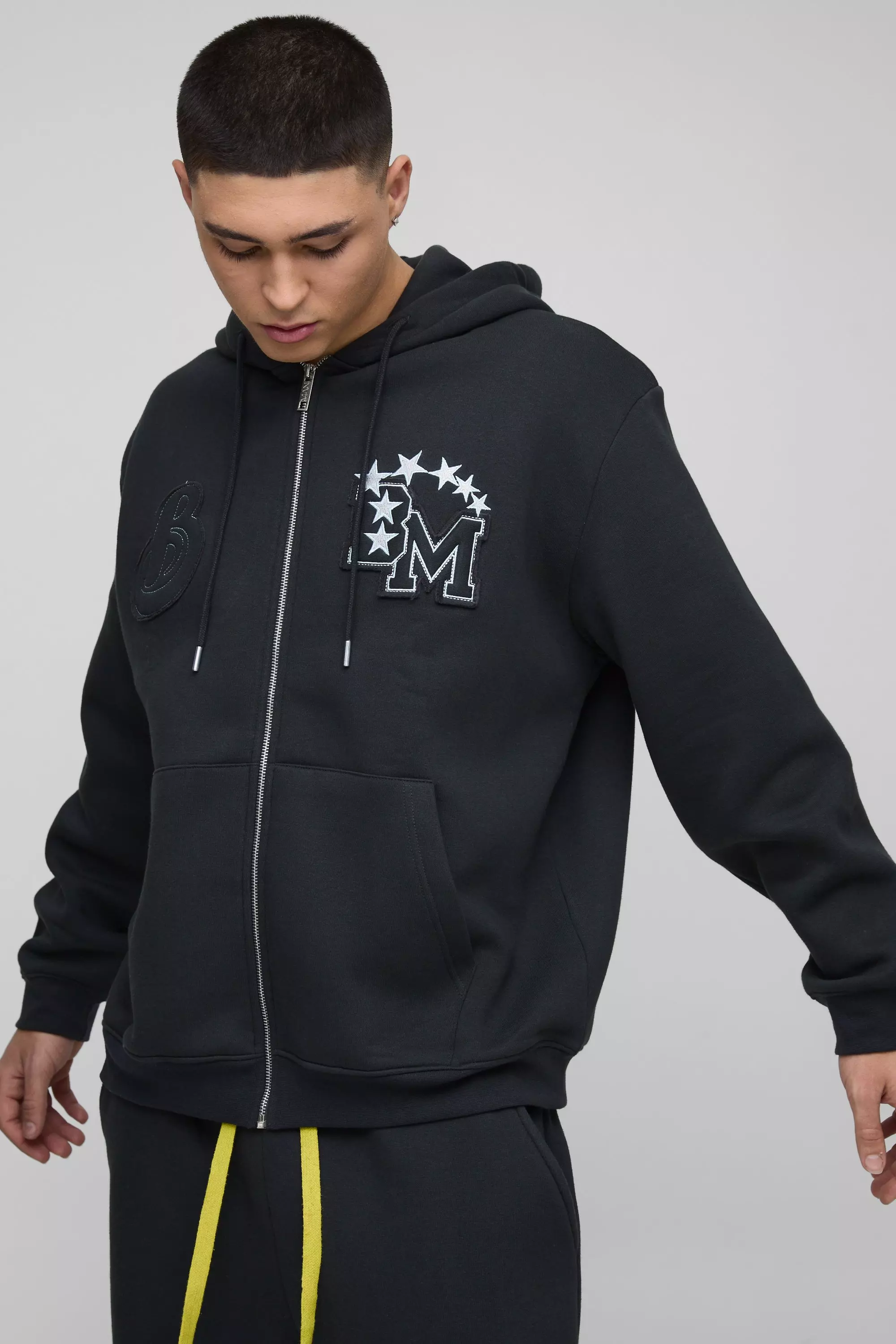 Oversized BM Varsity Applique Zip Through Hoodie Black