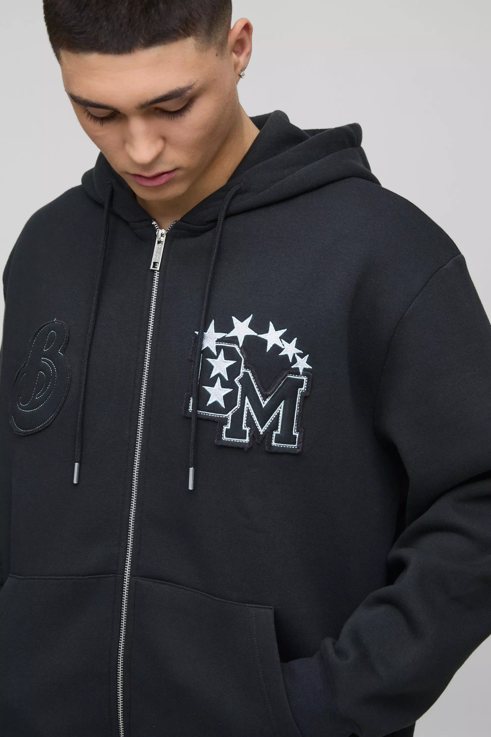 Black Oversized BM Varsity Applique Zip Through Hoodie alternative image