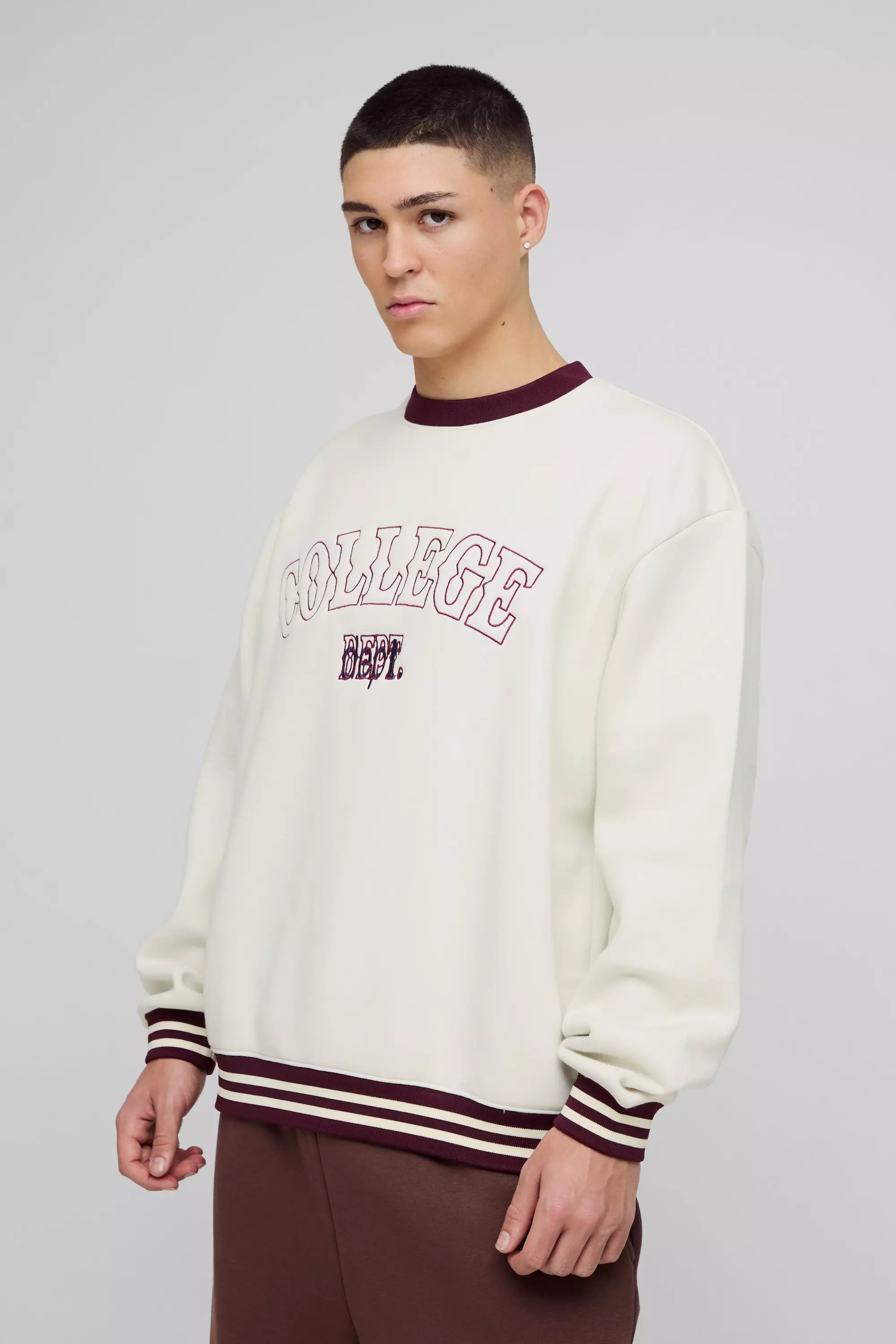 Oversized Slogan Varsity 3D Embroidery Crew Neck Sweatshirt Ecru