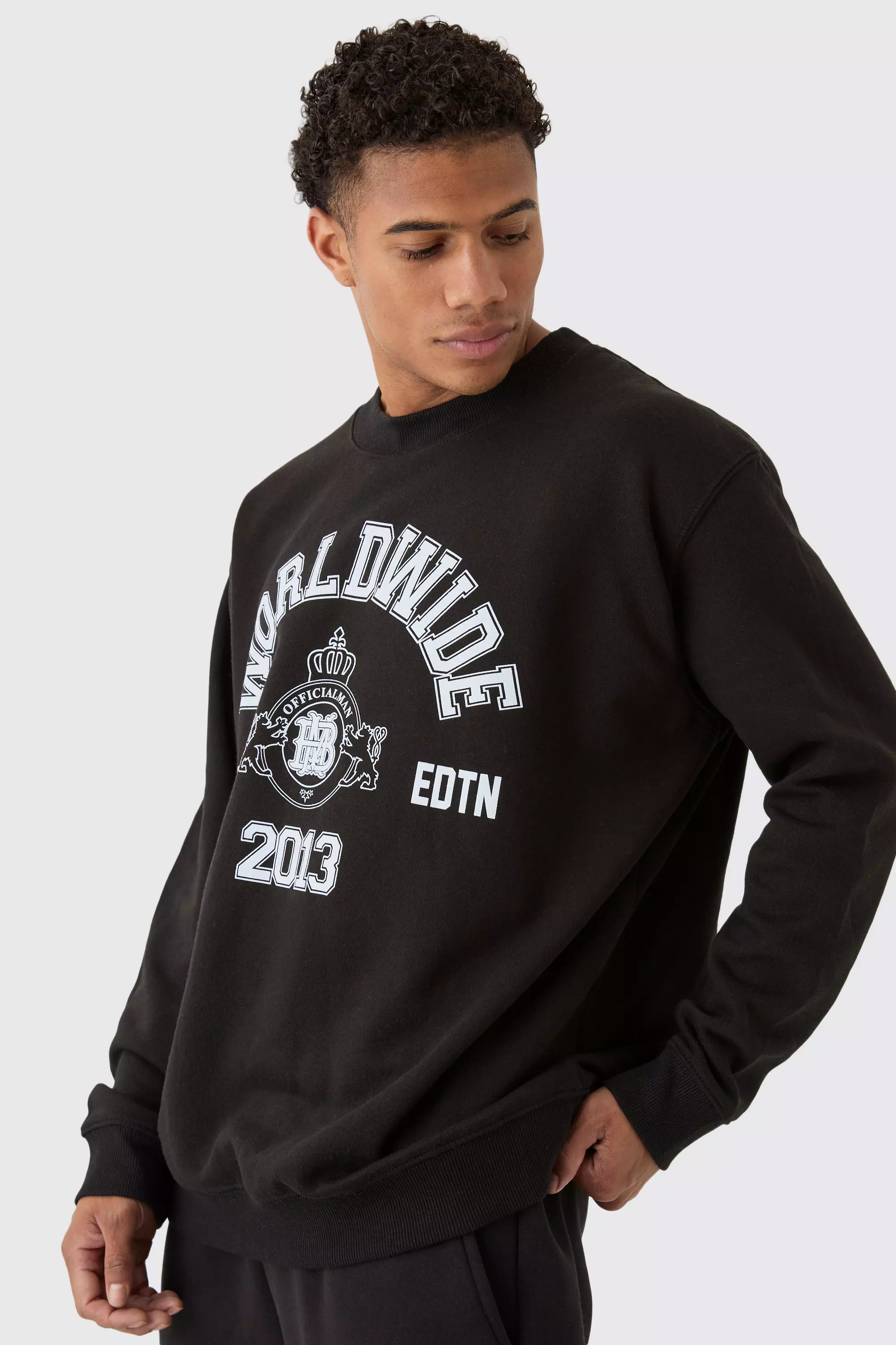 Black Oversized Slogan Varsity Print Crew Neck Sweatshirt