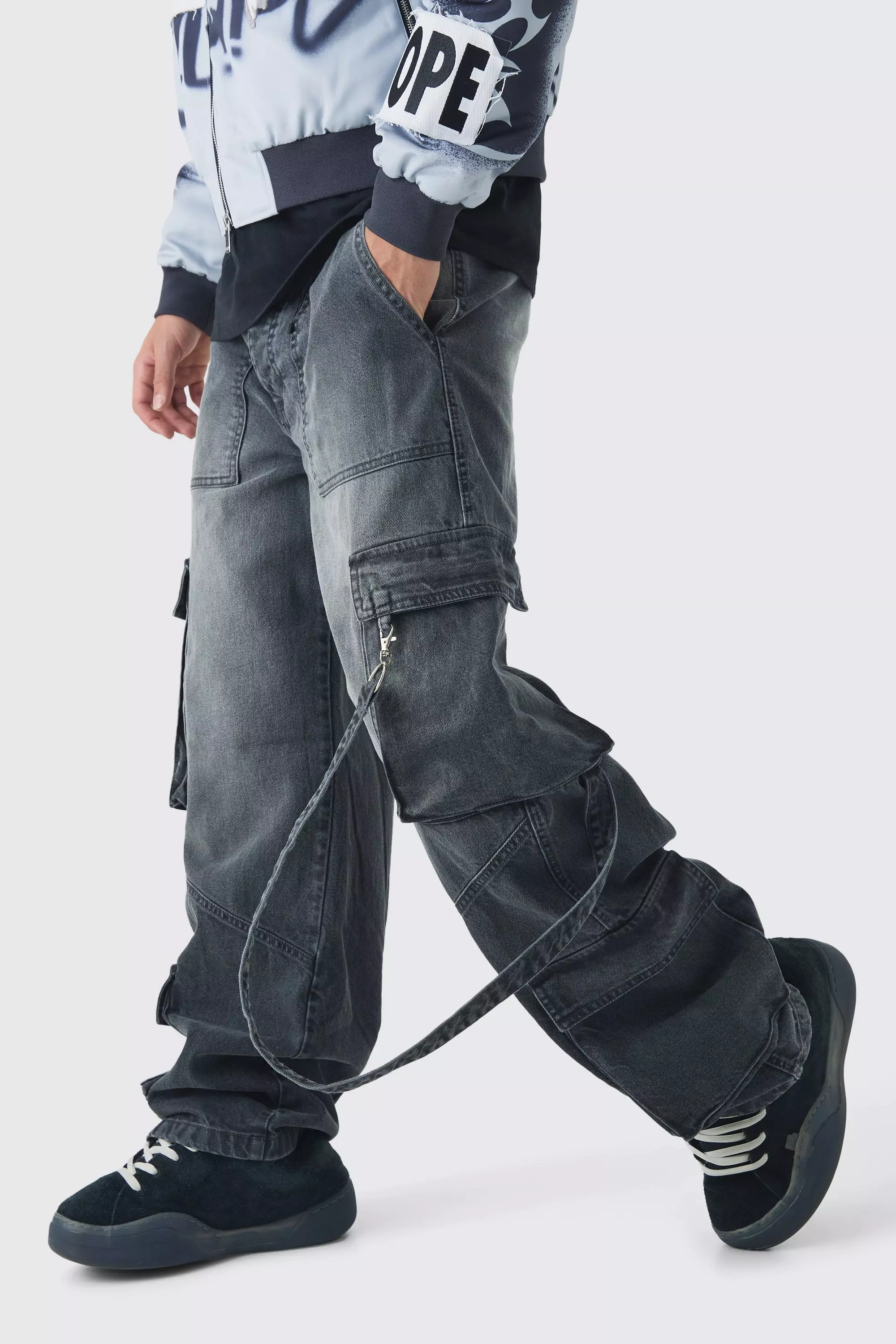 Mid grey Baggy Rigid Cargo Strap Denim Jeans alternative image