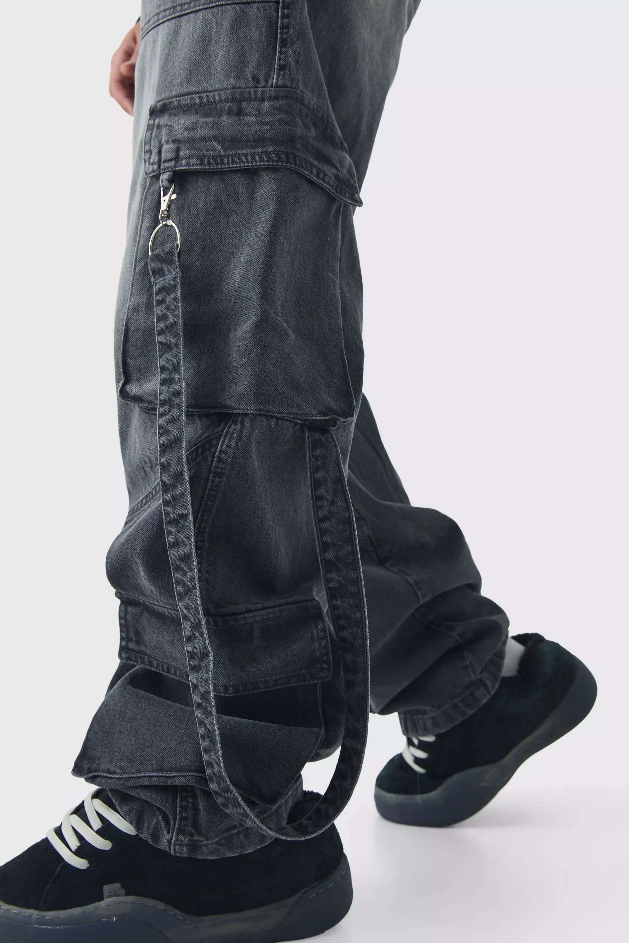 Mid grey Baggy Rigid Cargo Strap Denim Jeans alternative image