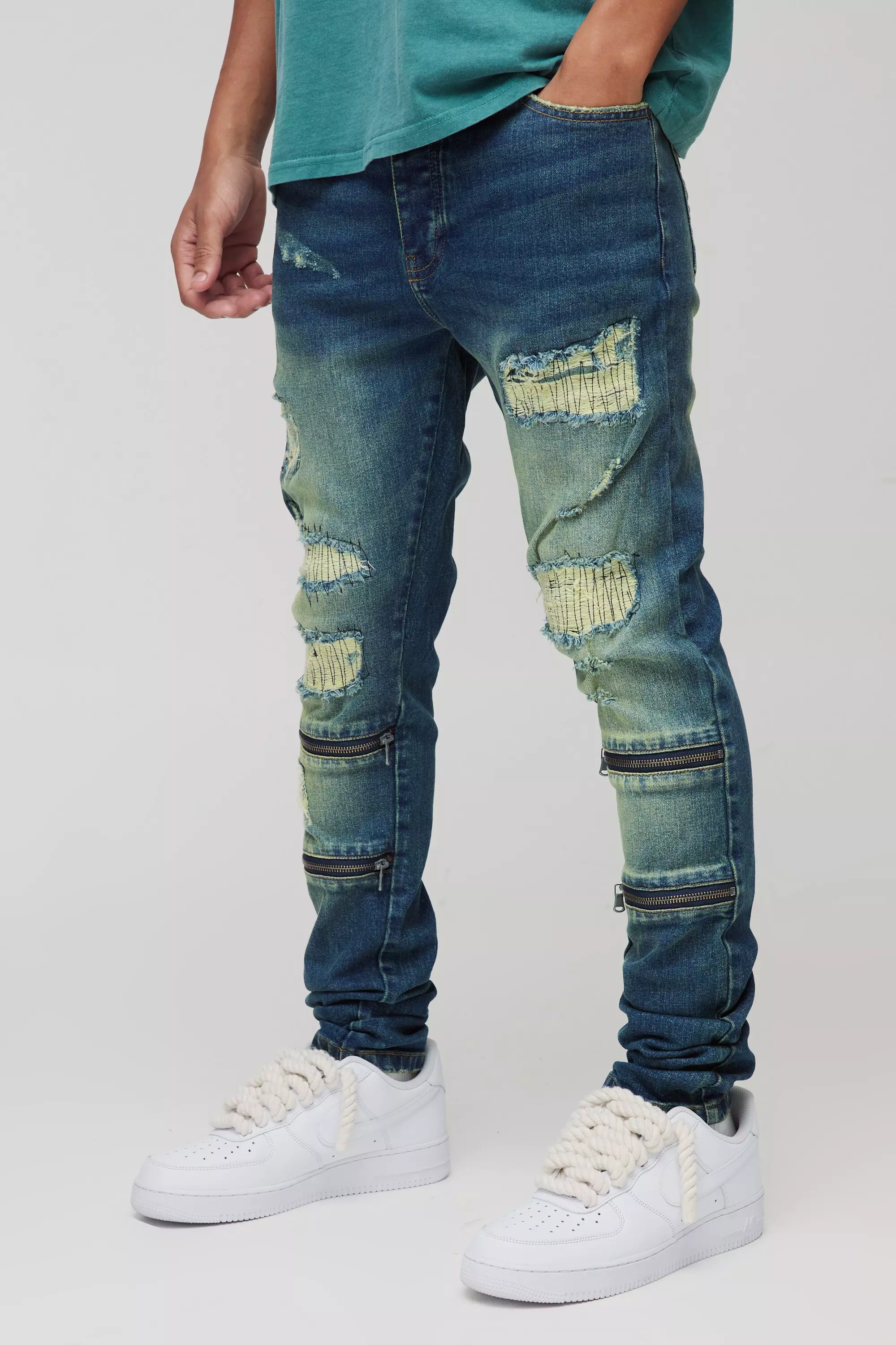 Skinny Stretch Rip & Repair Jeans mit Reißverschluss, Vintage blue alternatives Bild