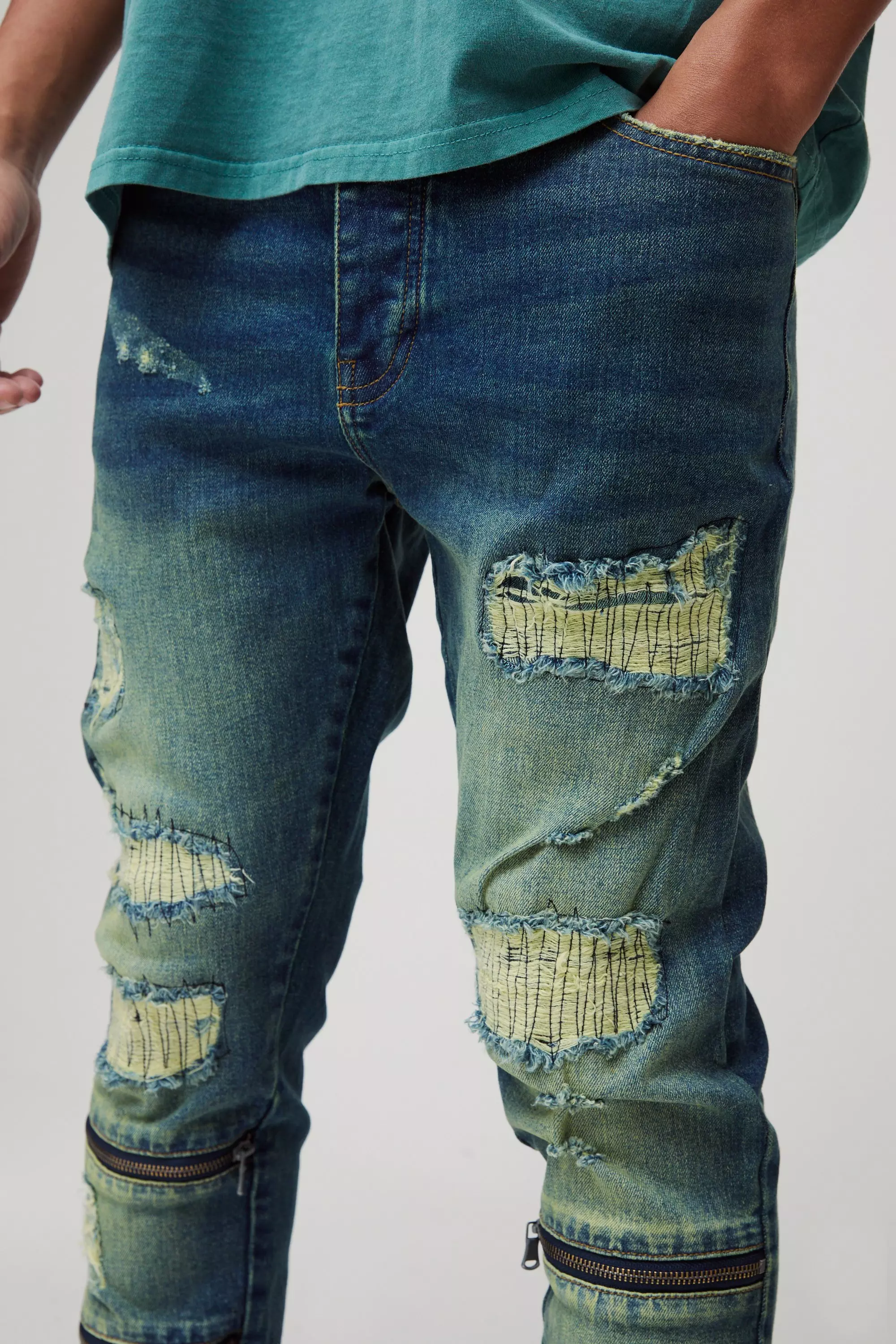 Skinny Stretch Rip & Repair Jeans mit Reißverschluss, Vintage blue alternatives Bild