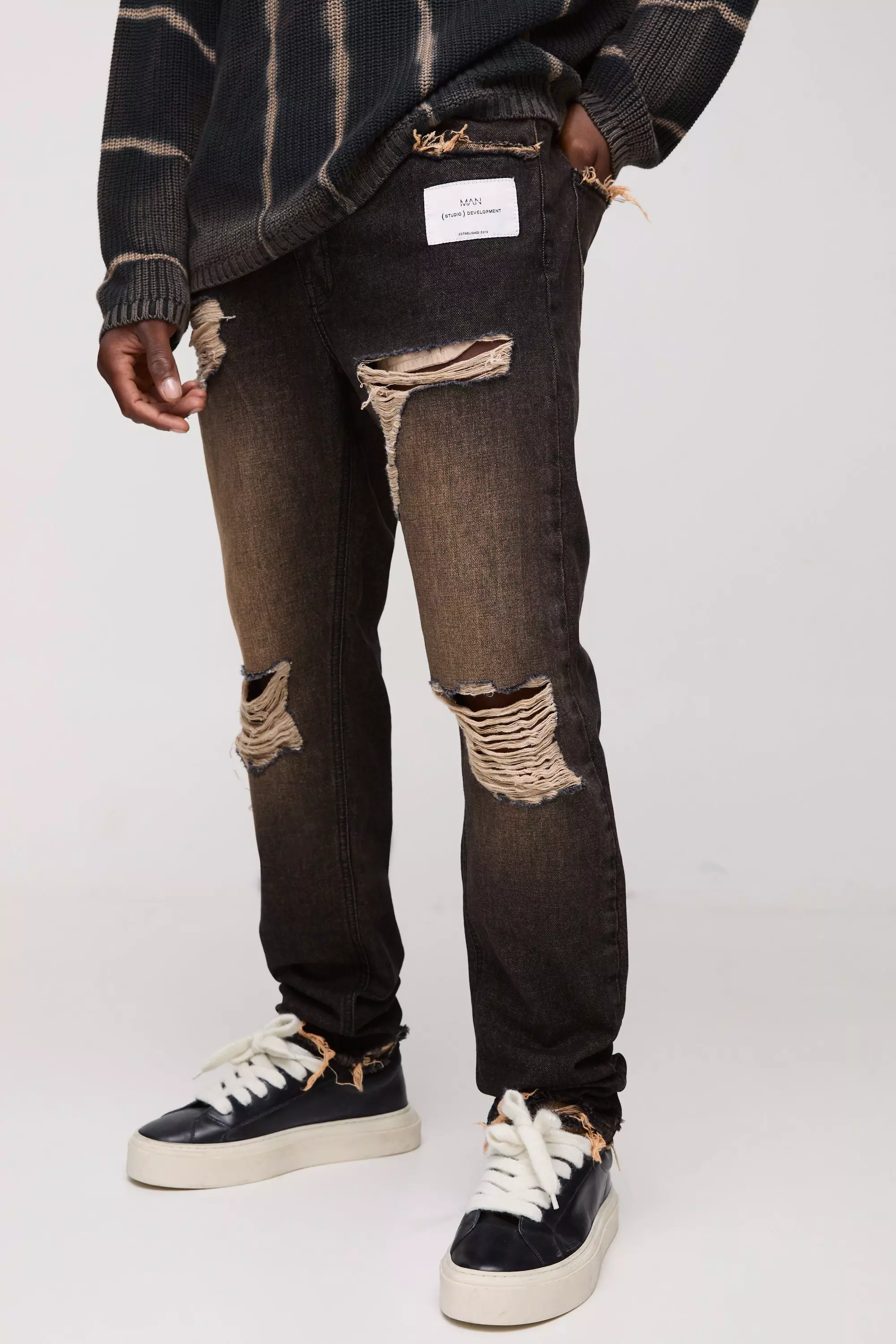 Slim Rigid Rip & Repair Woven Tab Denim Jeans Brown