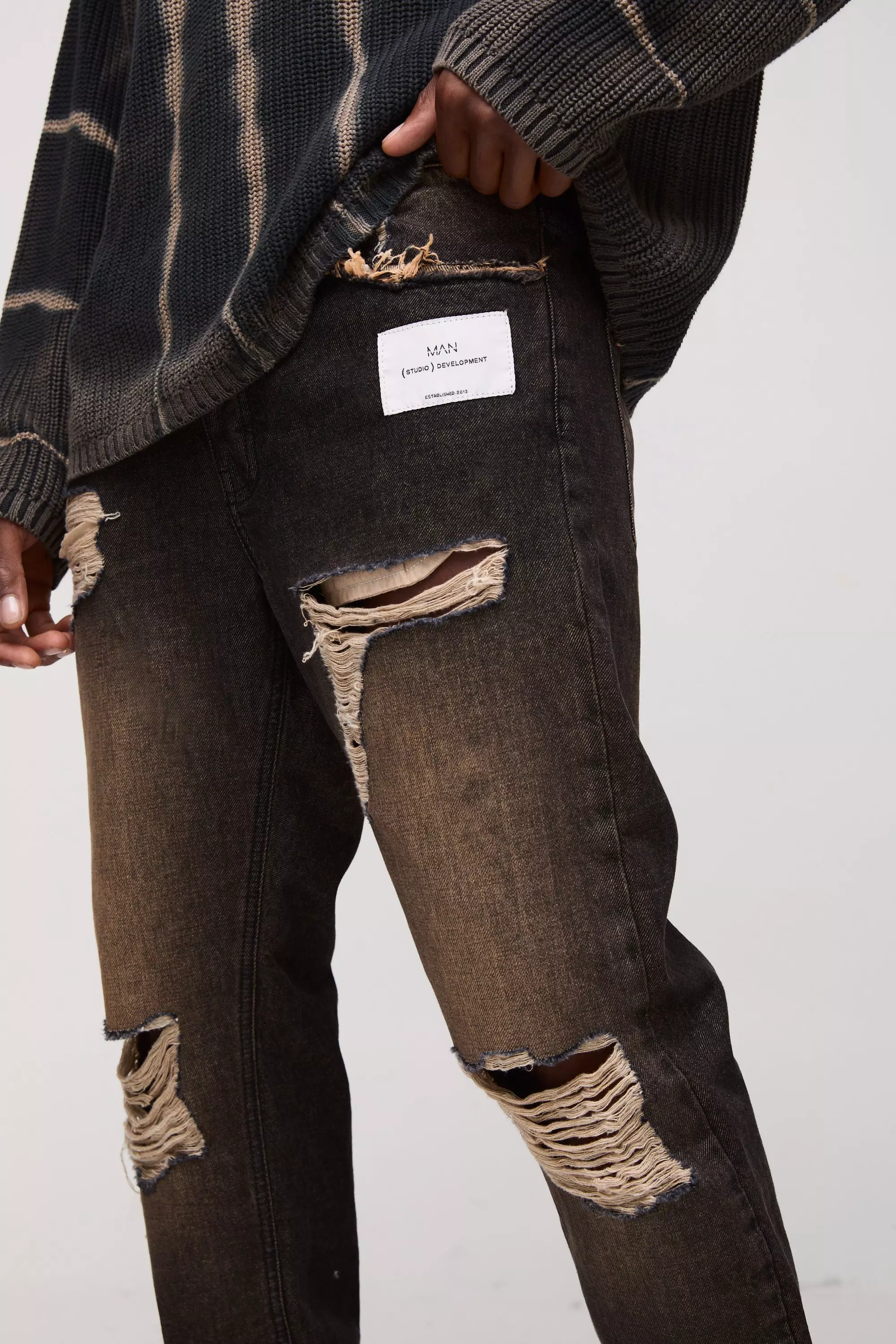 Brown Slim Rigid Rip & Repair Woven Tab Denim Jeans alternative image