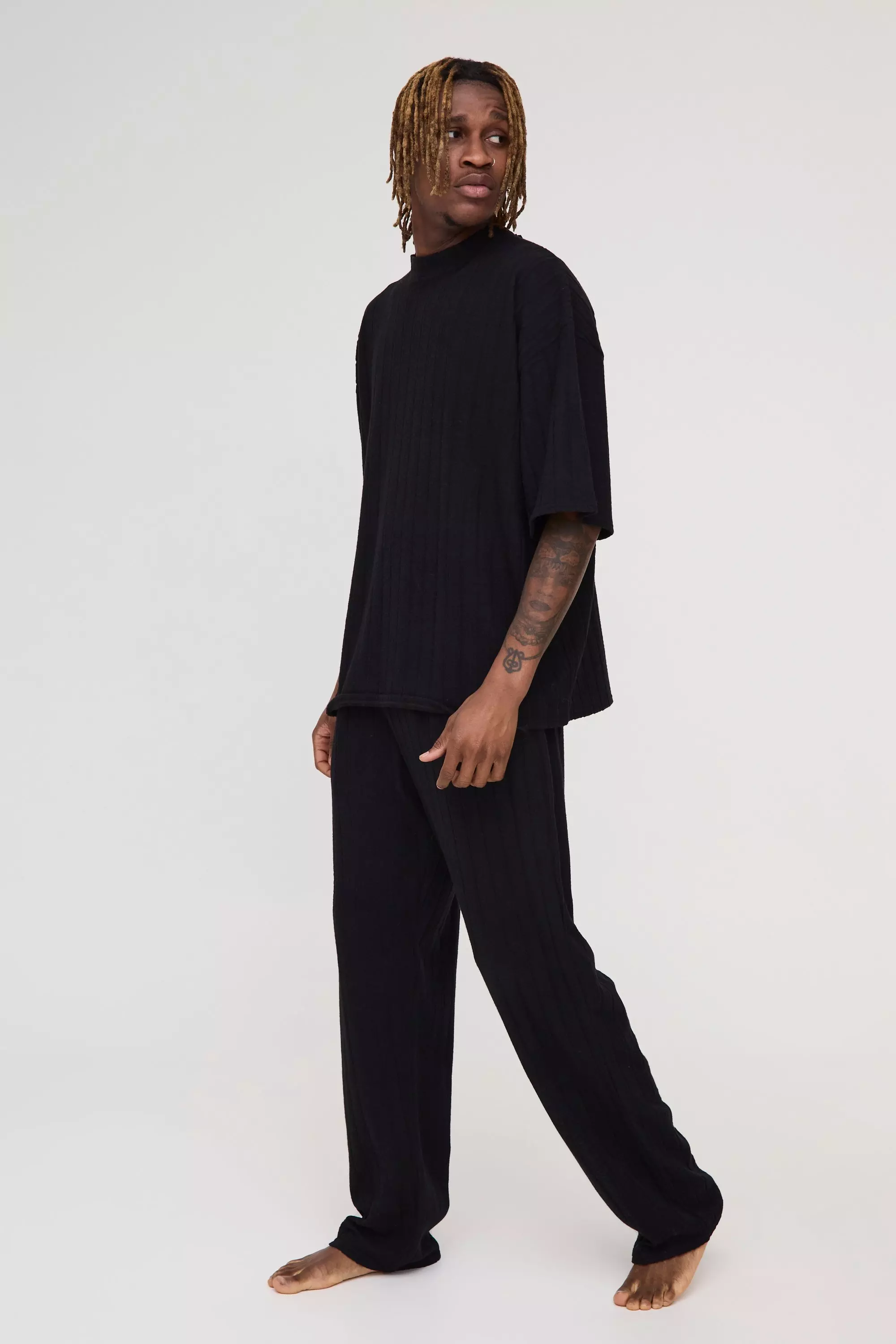 Tall Soft Rib Oversized T-shirt and Sweatpants Lounge Set in Black Black