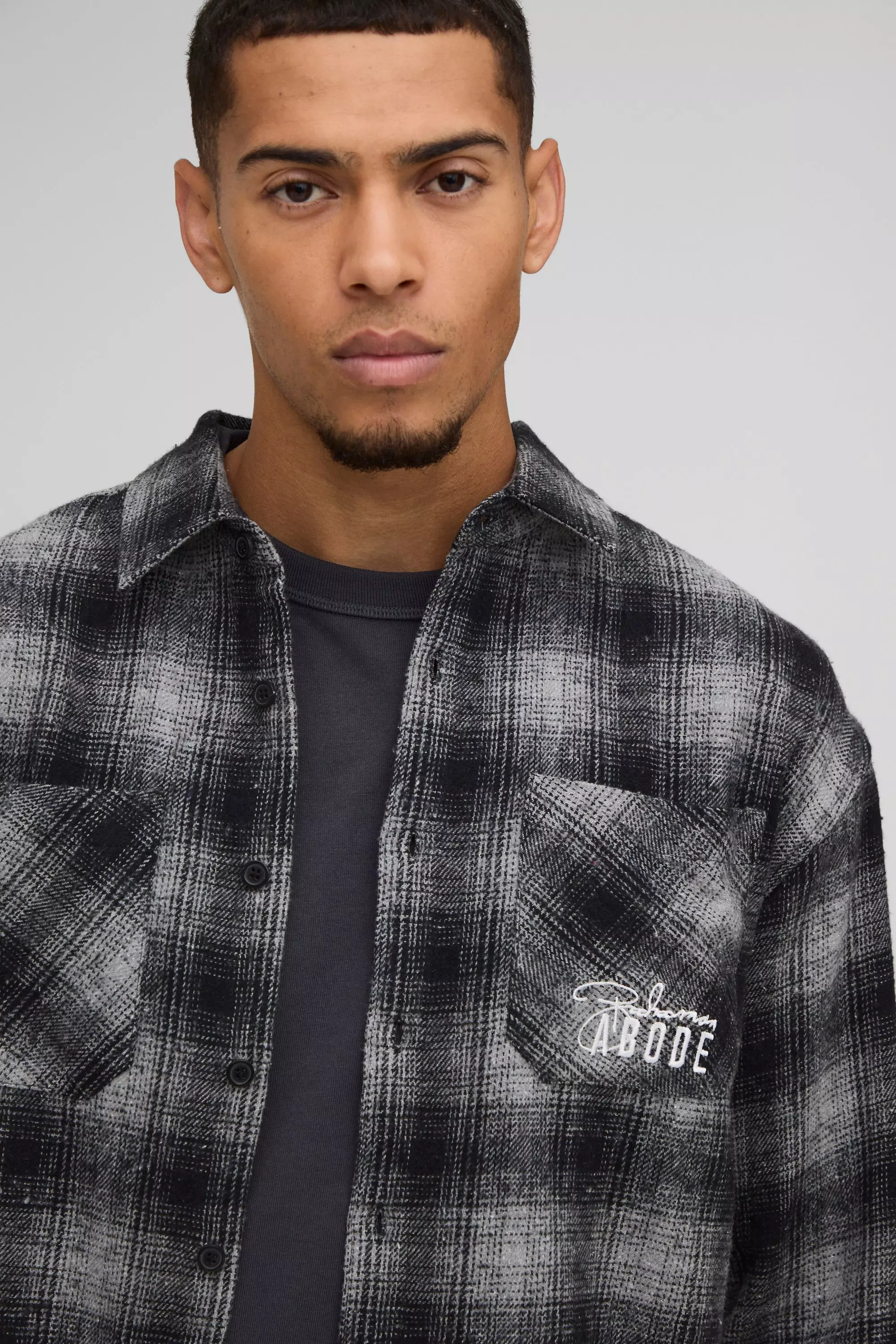 Black ABODE Oversized Flannel Embroidered Shirt alternative image