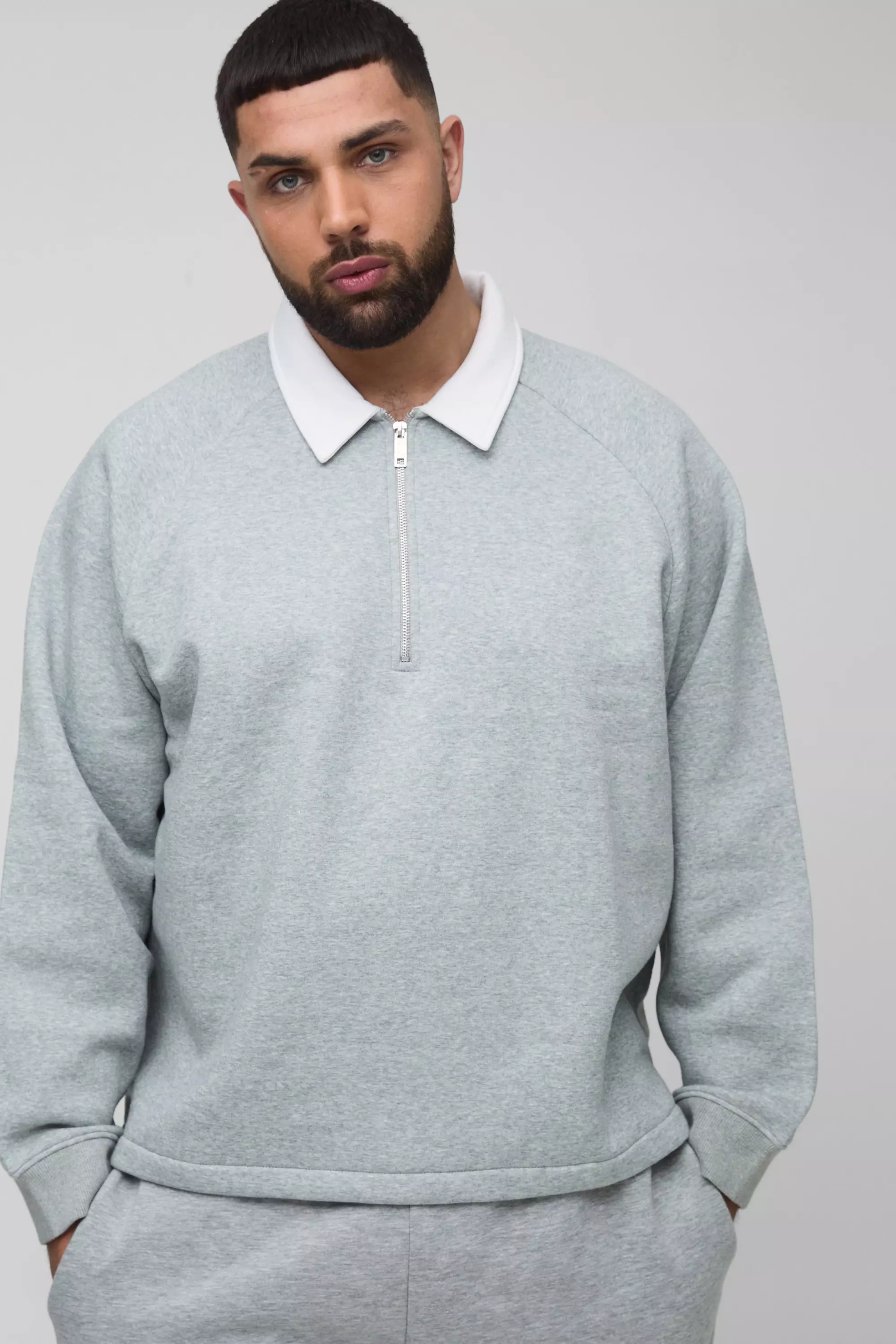 Grey Plus Oversized Boxy Polo Sweatshirt in Grey