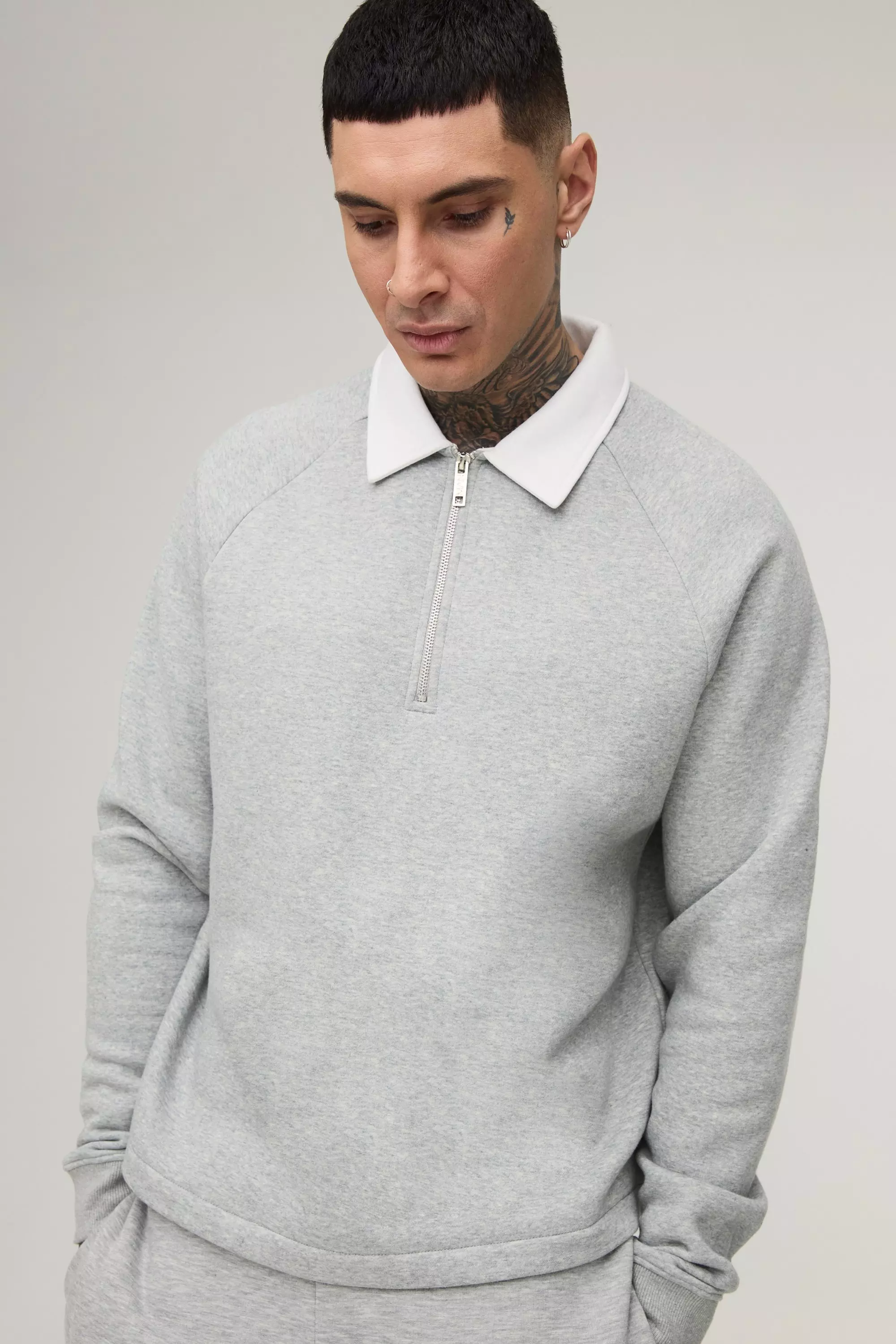Grey Tall Oversized Grijze Boxy Trui Met Polo alternatieve afbeelding
