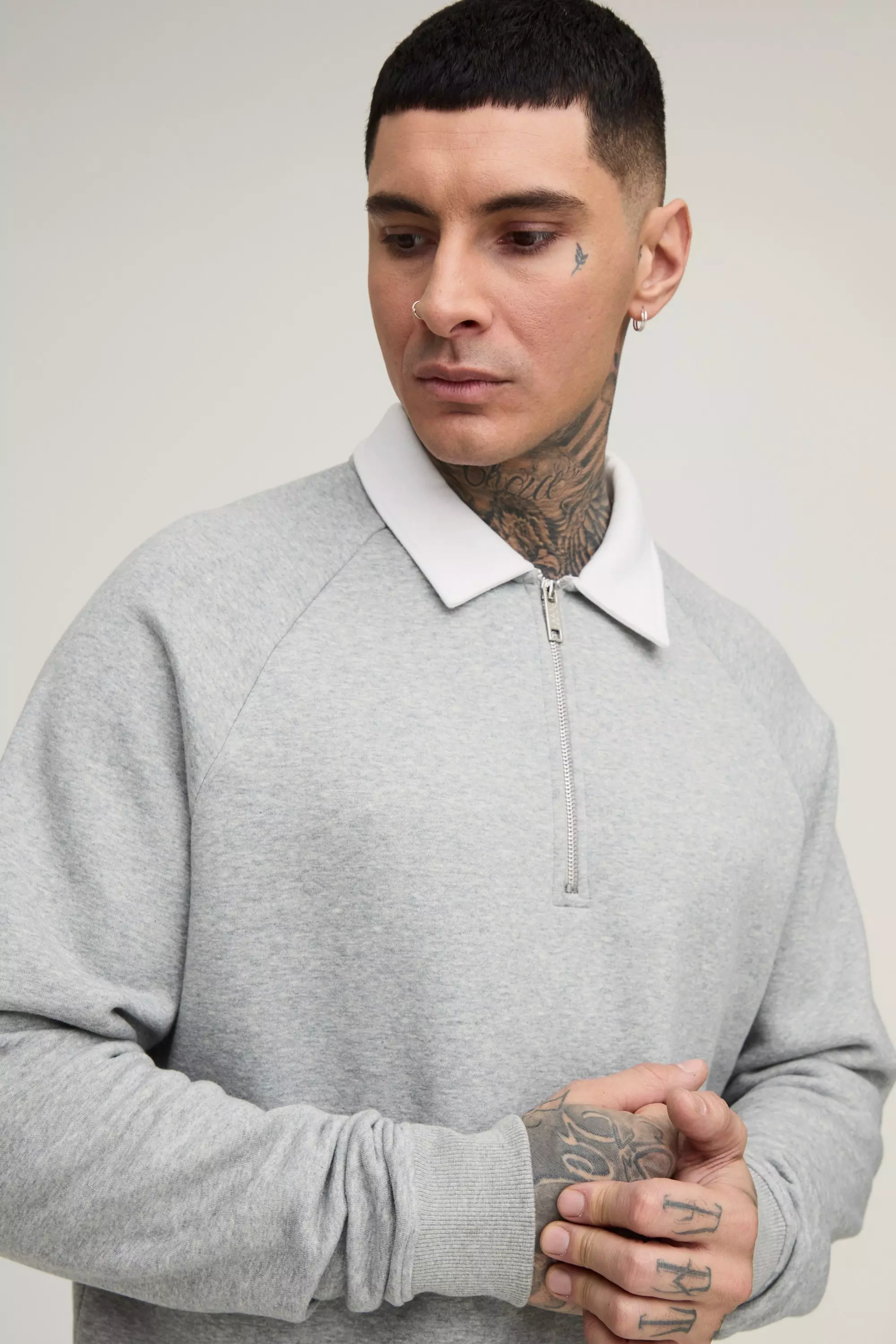 Grey Tall Oversized Grijze Boxy Trui Met Polo alternatieve afbeelding