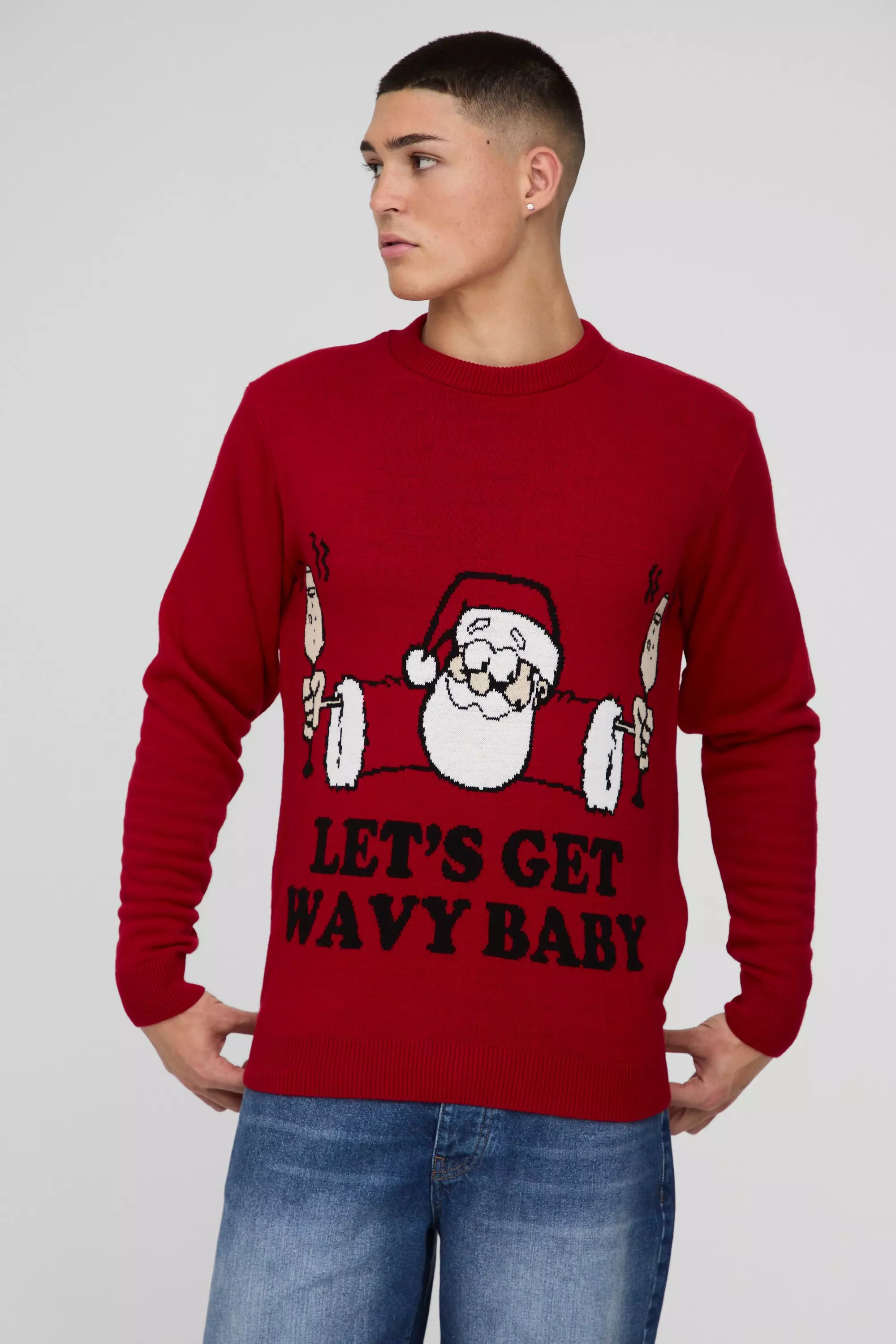 Regular Fit Santa Wavy Knitted Christmas Sweater Red