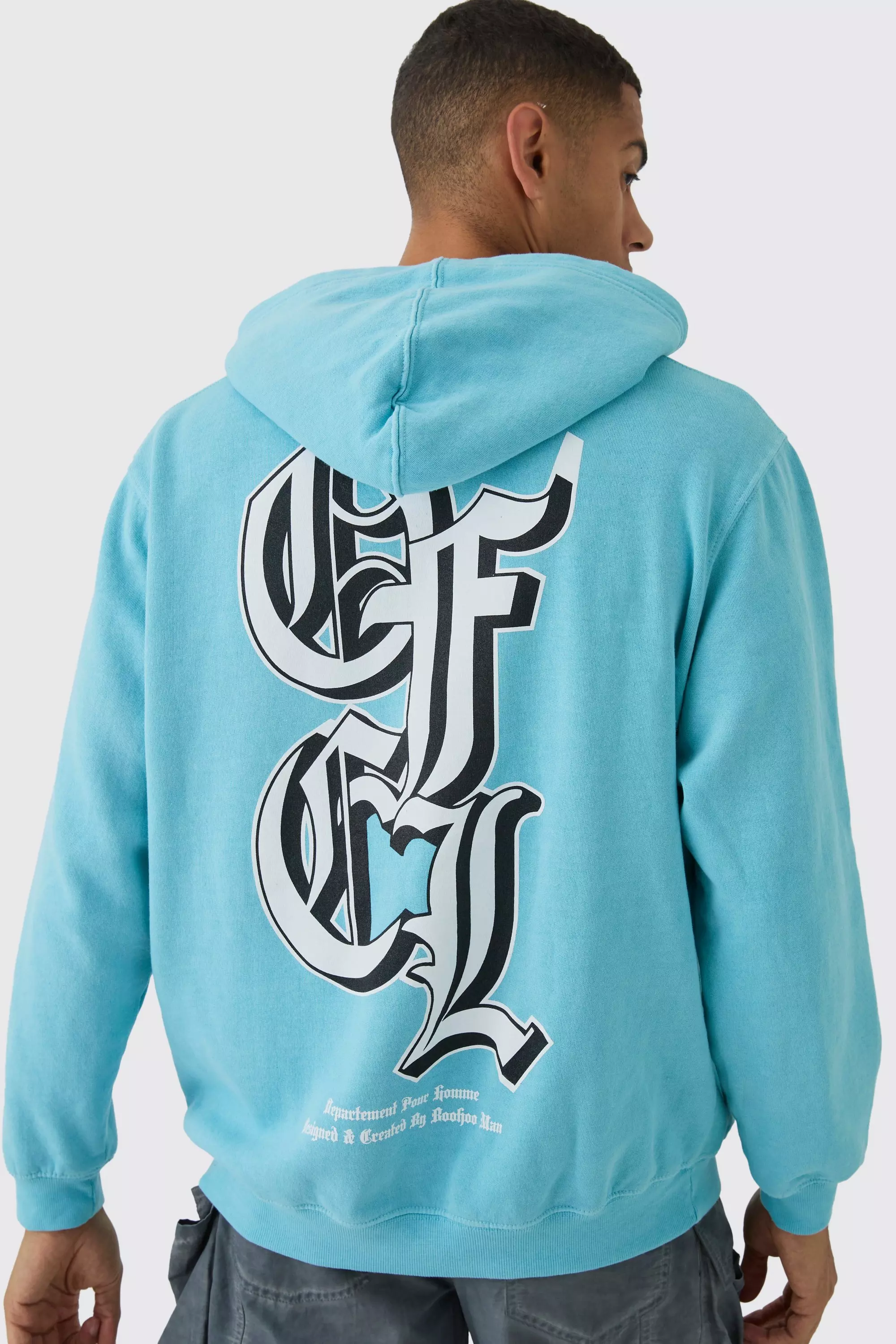 Aqua Blue Oversized Gothic OFCL Printed Washed Zip Through Hoodie