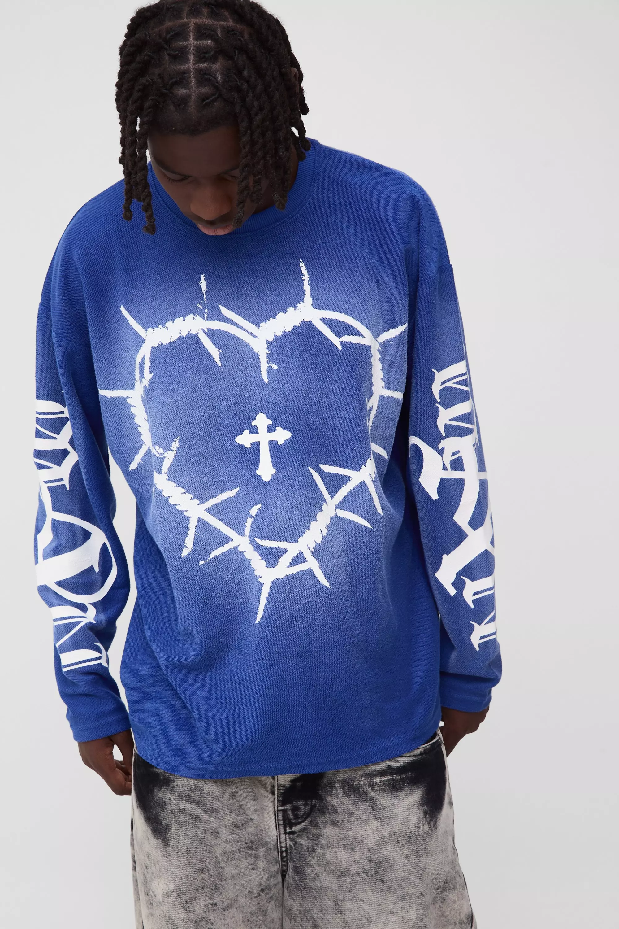 Oversized Reverse Loopback Heart Print Long Sleeve Spray Wash T-Shirt Cobalt