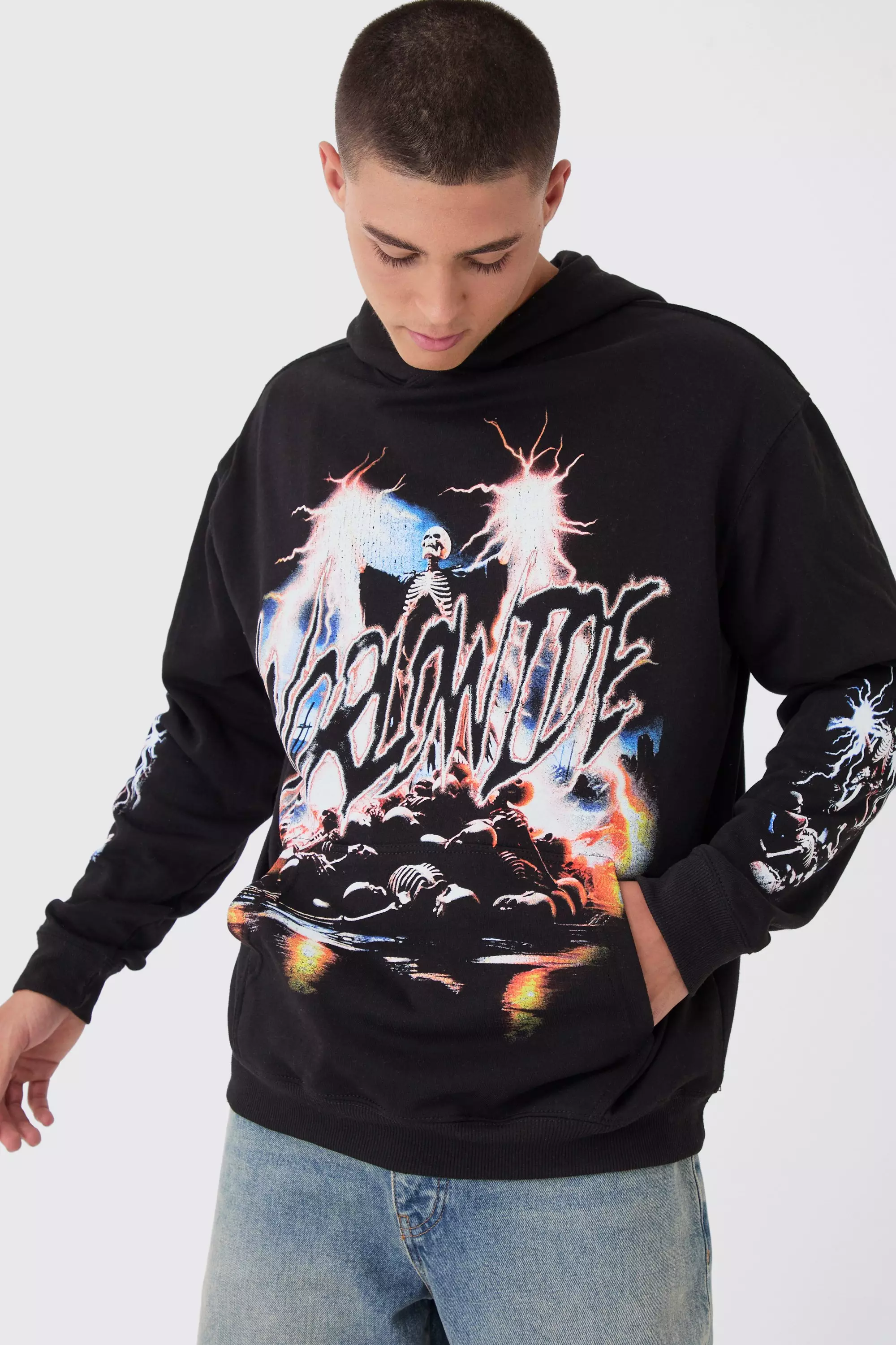 Oversized Worldwide Skeleton print Hoodie Black