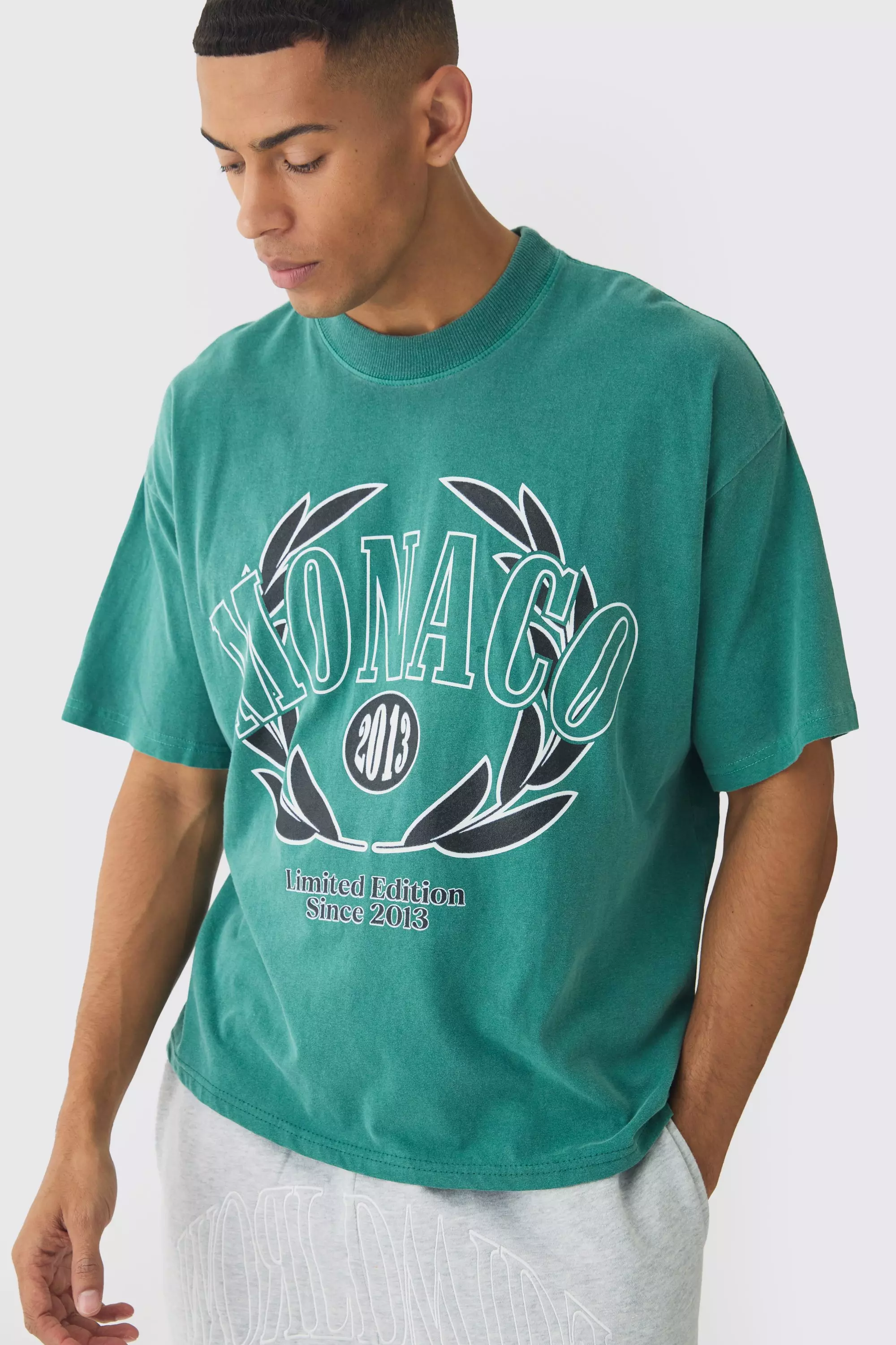 Green Oversized Boxy Washed Monaco Racing Printed T-Shirt