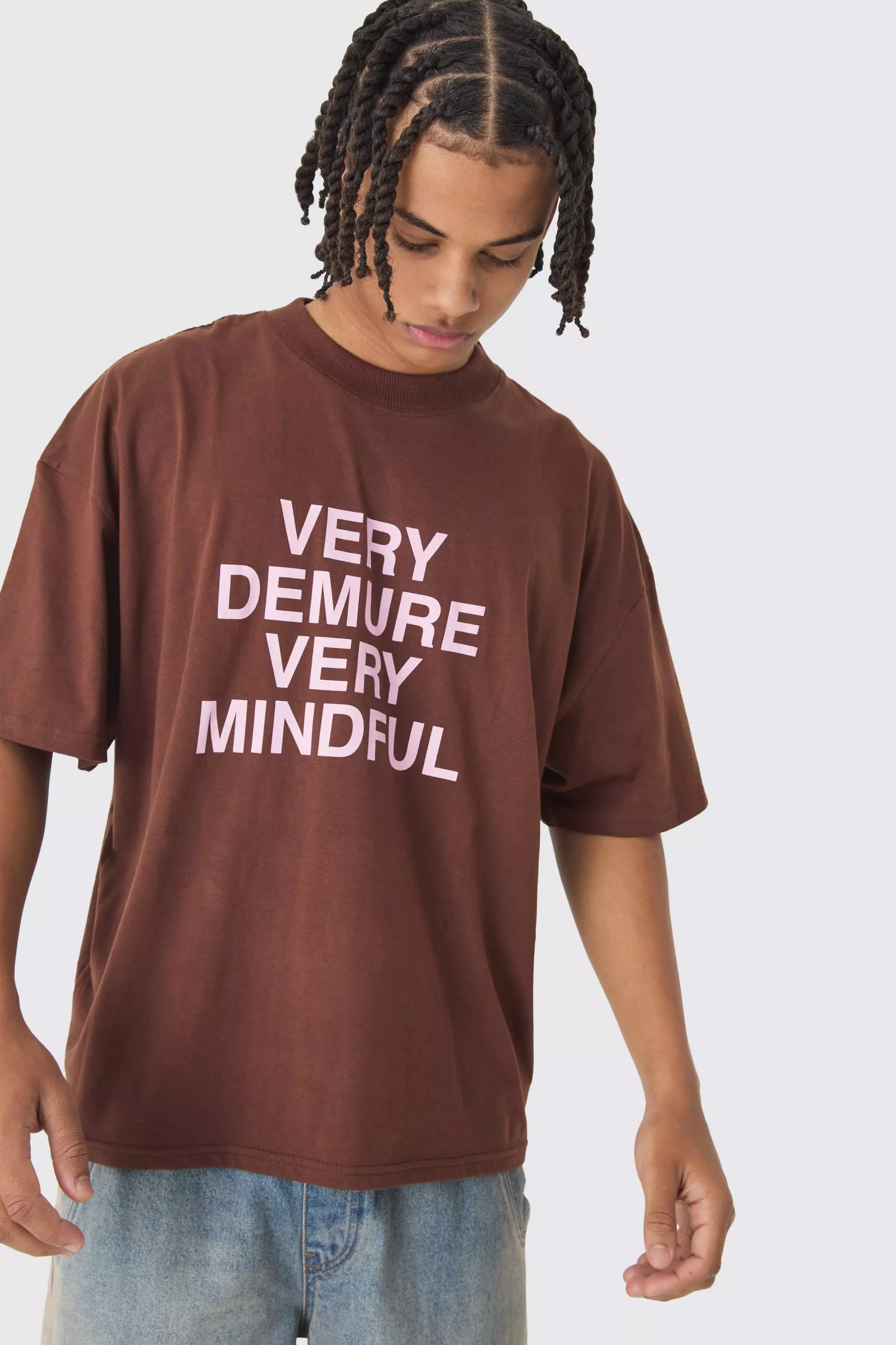 Chocolate Brown Oversized Boxy Demure Mindful Print Washed T-Shirt