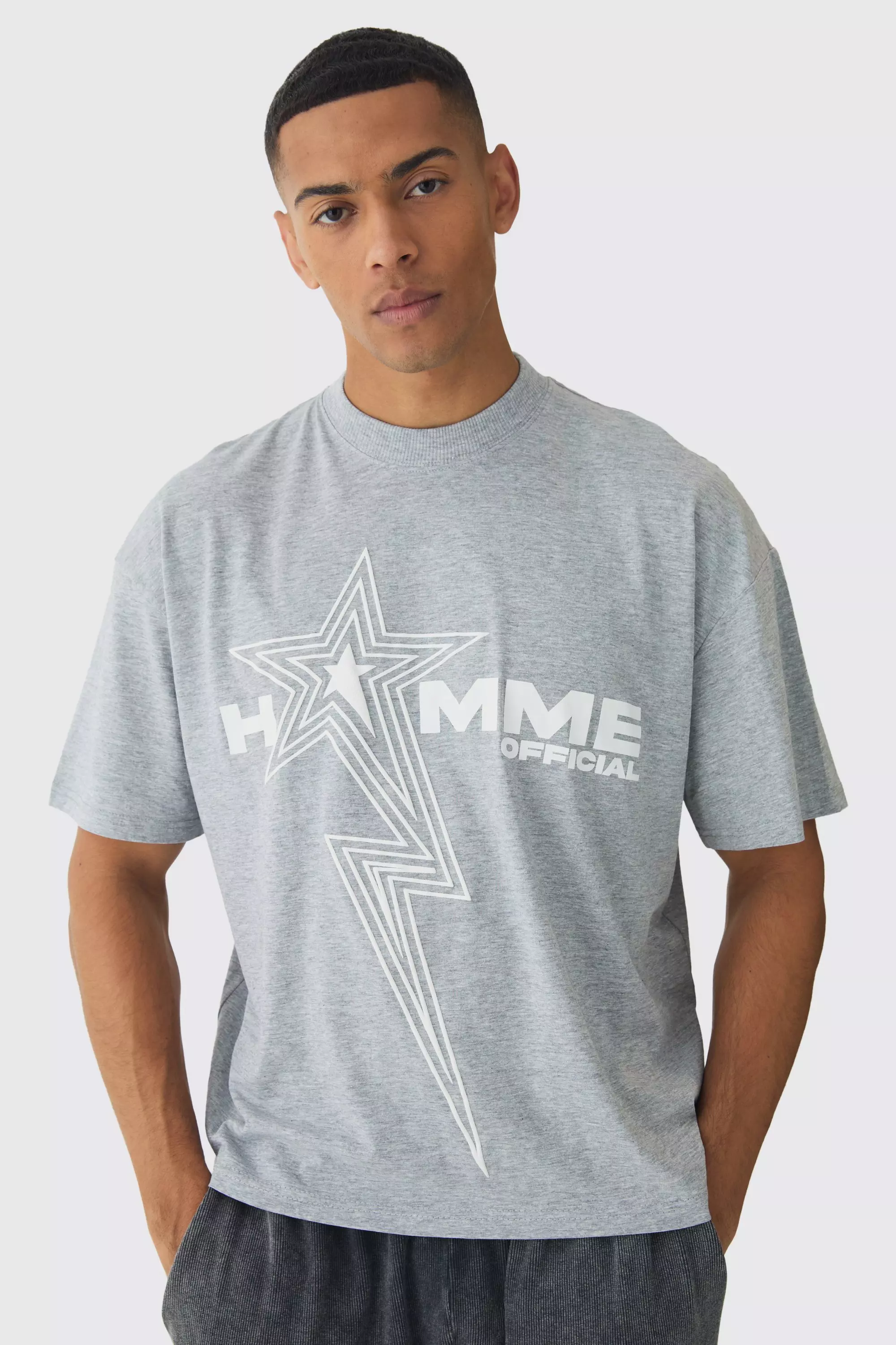 Grey marl Oversized Boxy Homme Star Puff Print T-Shirt alternative image