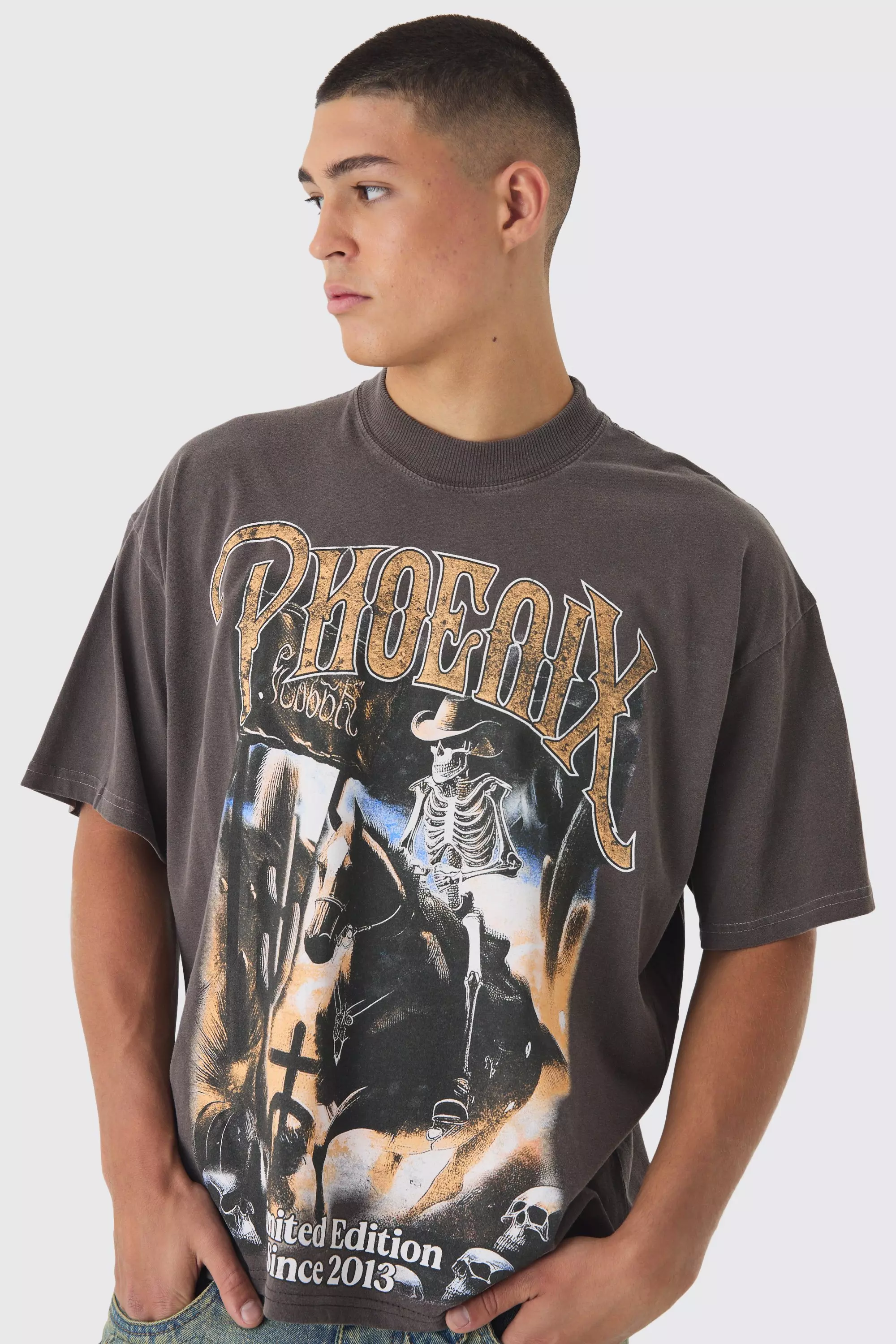 Chocolate Brown Oversized Boxy Extended Neck Phoenix Graphic Washed T-Shirt