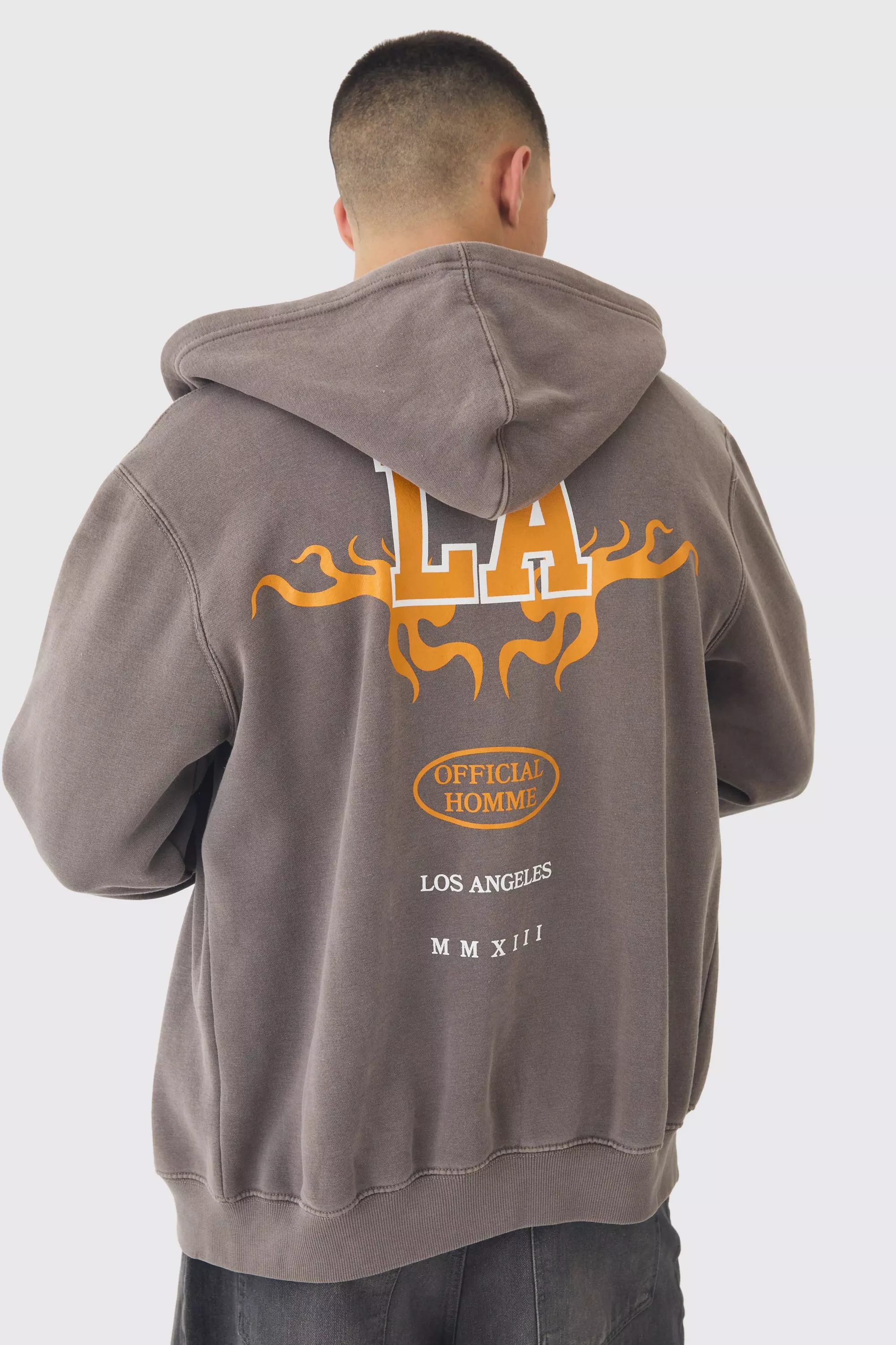 Washed LA Back Print Zip Through Hoodie Chocolate