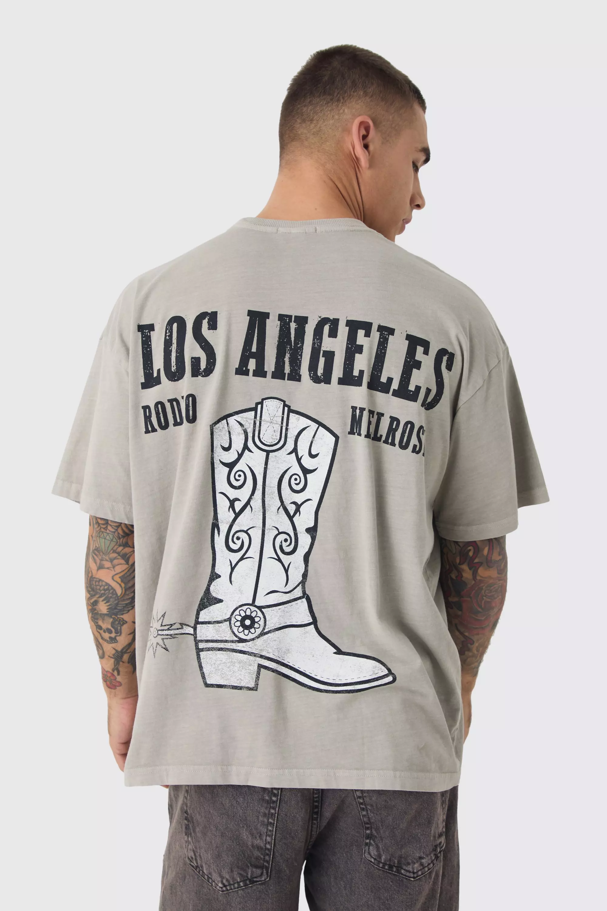 Oversized Boxy Washed Western Boot Print T-Shirt Taupe