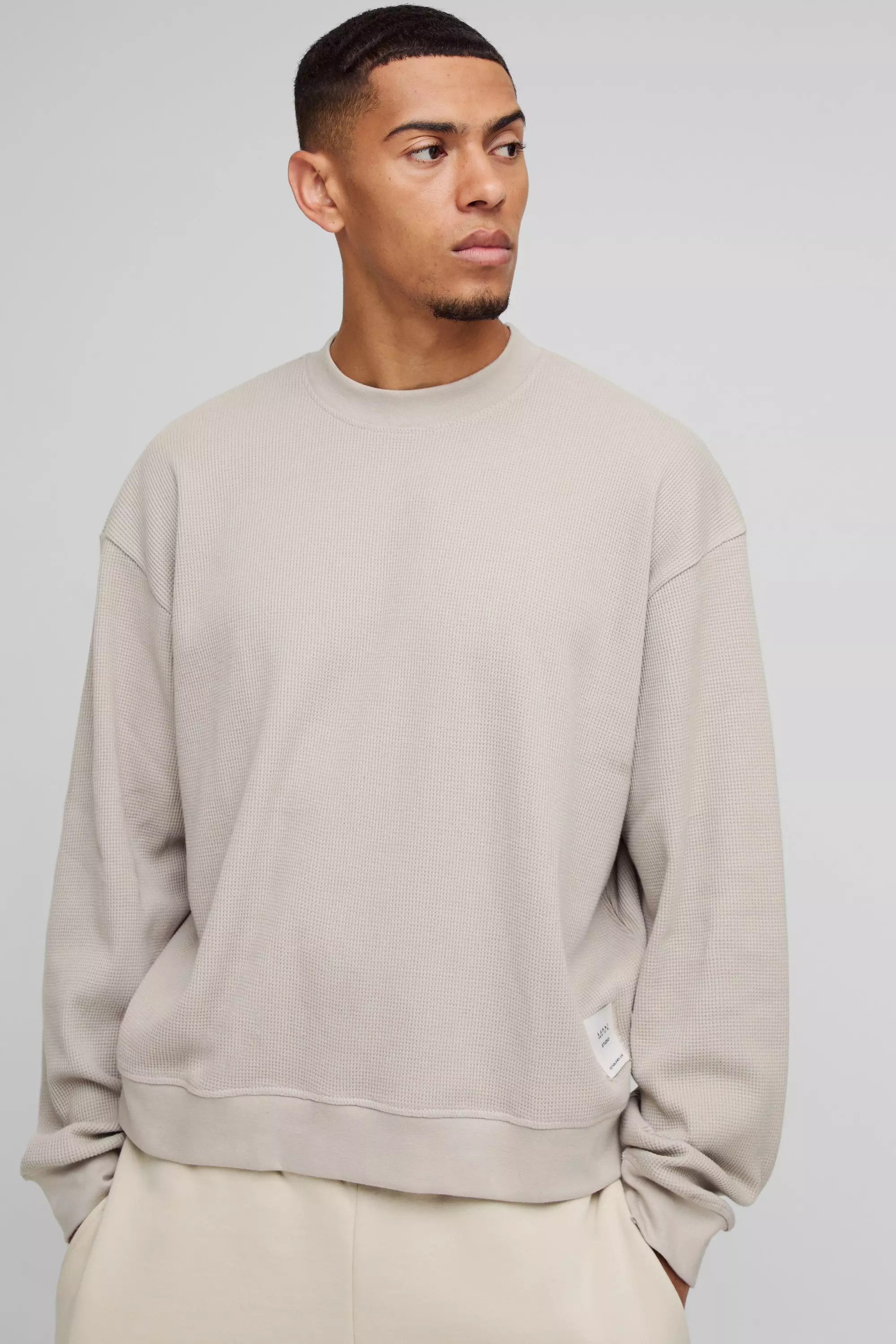 Extended Neck Boxy Man Woven Tab Waffle Sweatshirt Stone