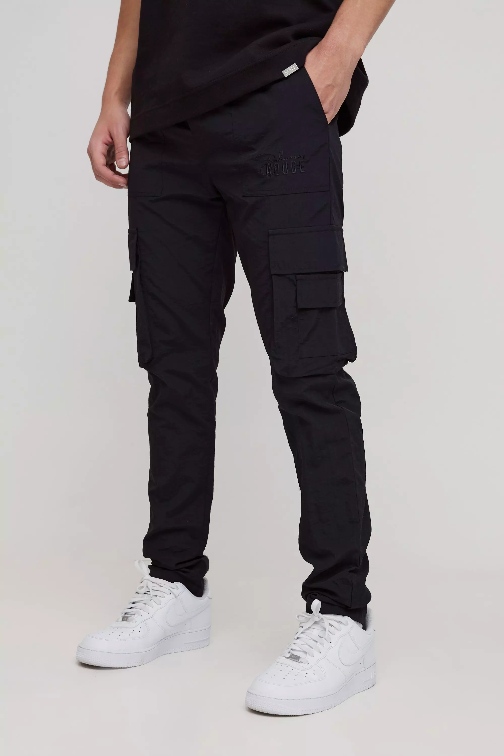 ABODE Slim Nylon Cargo Embroidered Trouser Black