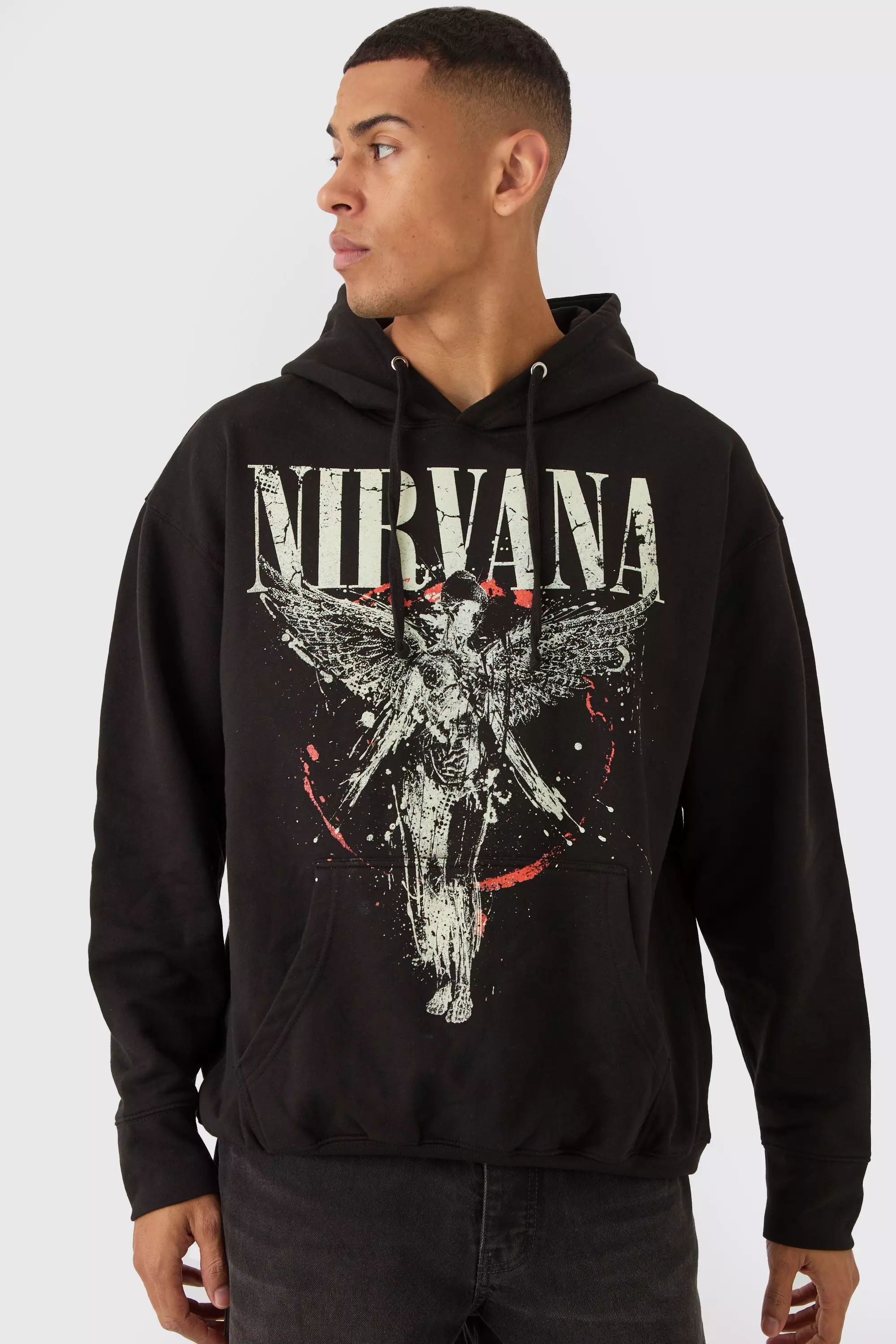 Black Oversized Nirvana License Print Hoodie