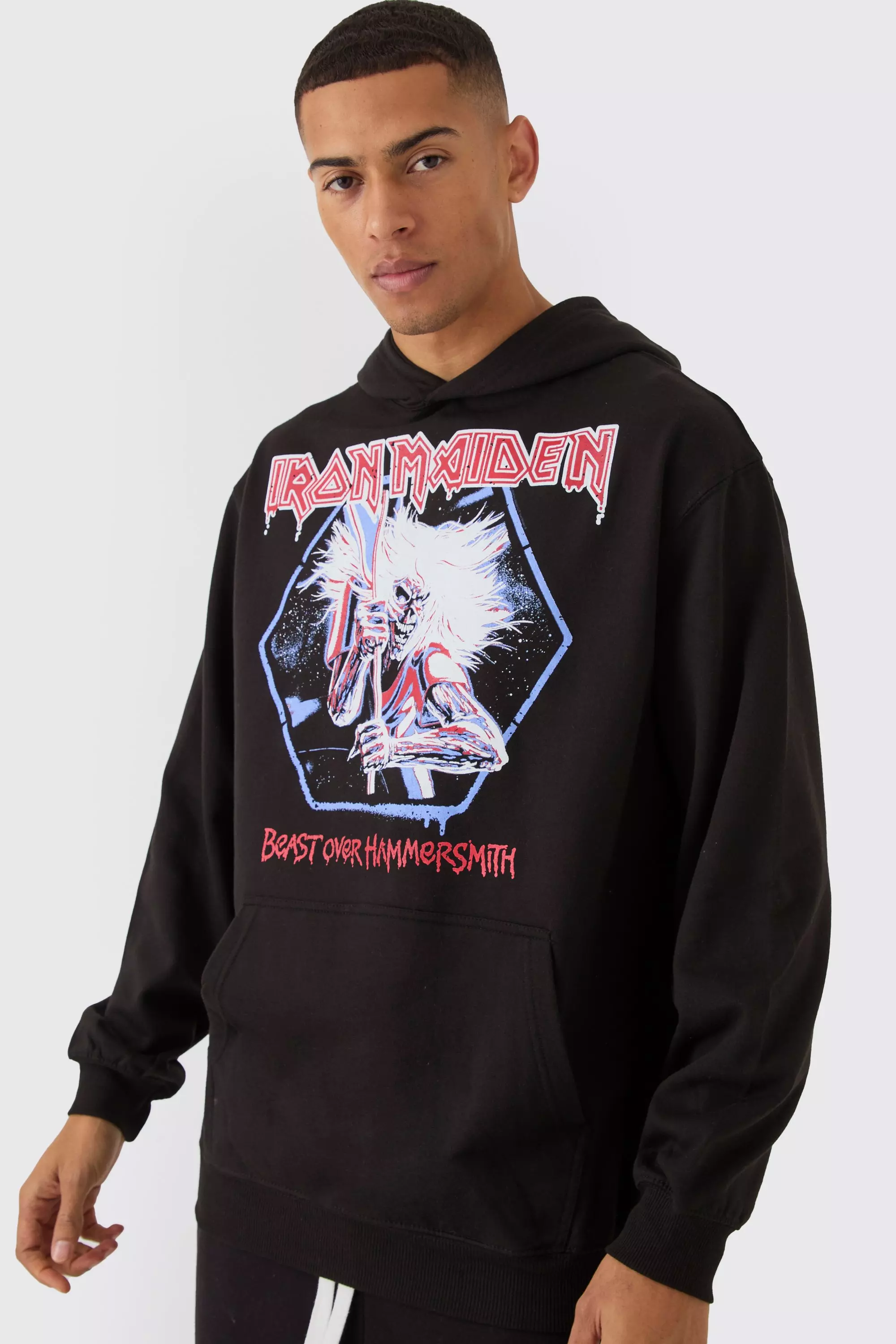 Black Oversized Iron Maiden License Print Hoodie