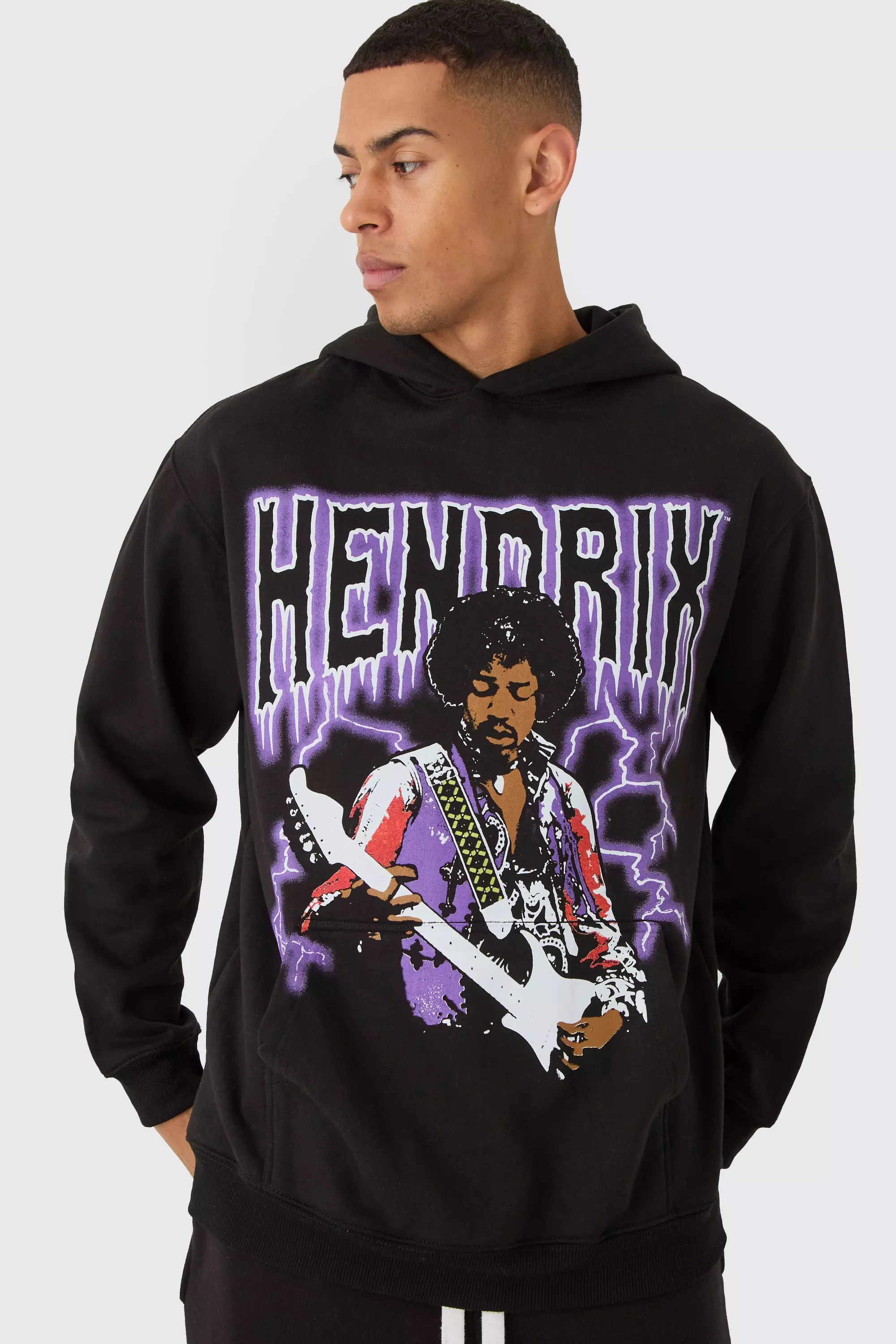 Black Oversized Jimi Hendrix License Print Hoodie