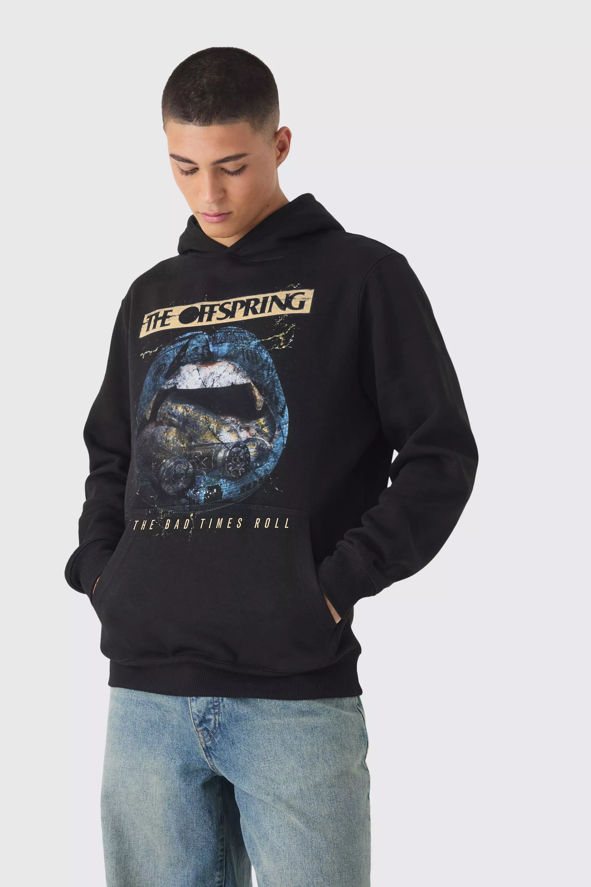 Black Oversized The Offspring Band License Print Hoodie