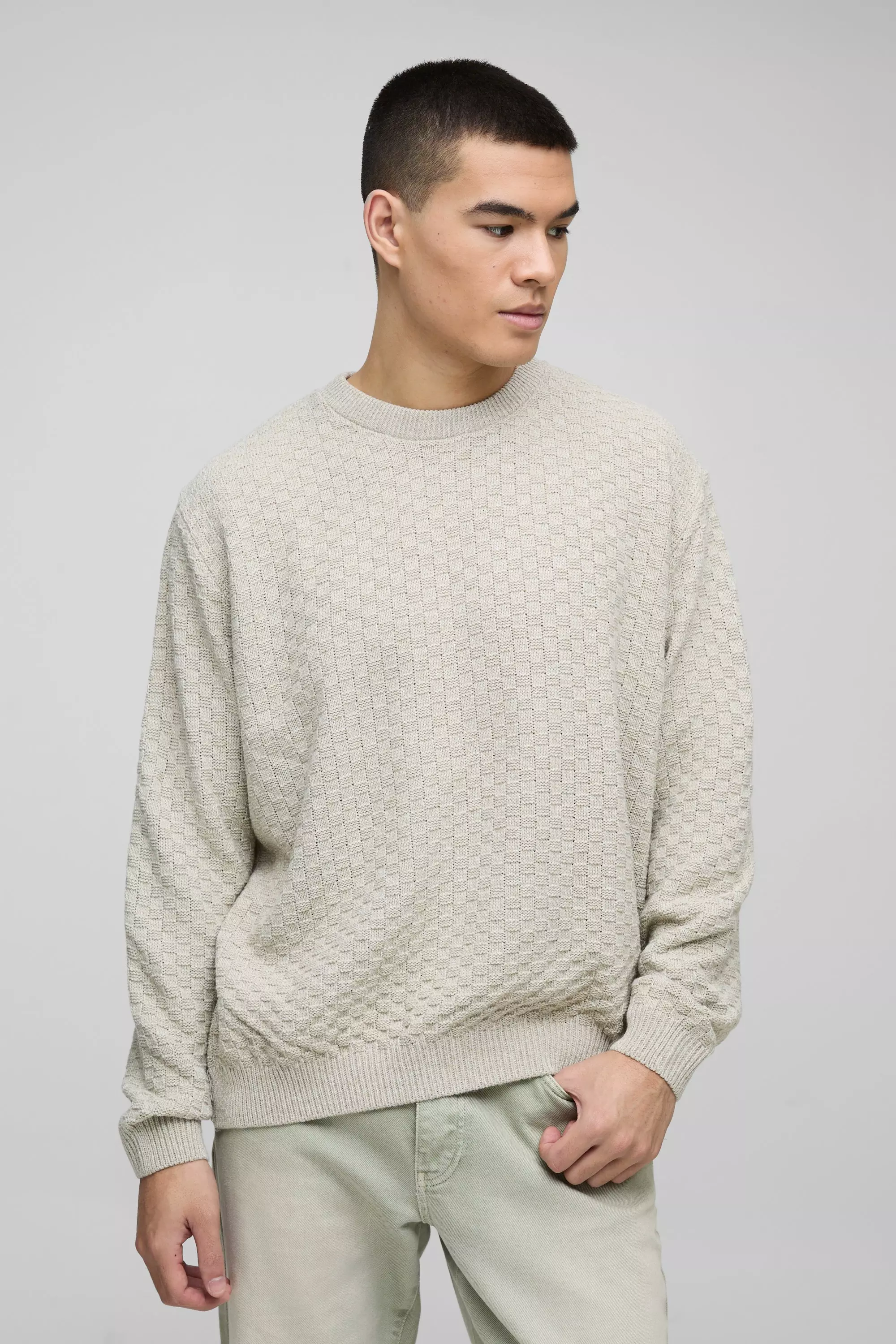 Stone Oversized Boxy Basket Knitted Crew Sweater alternative image