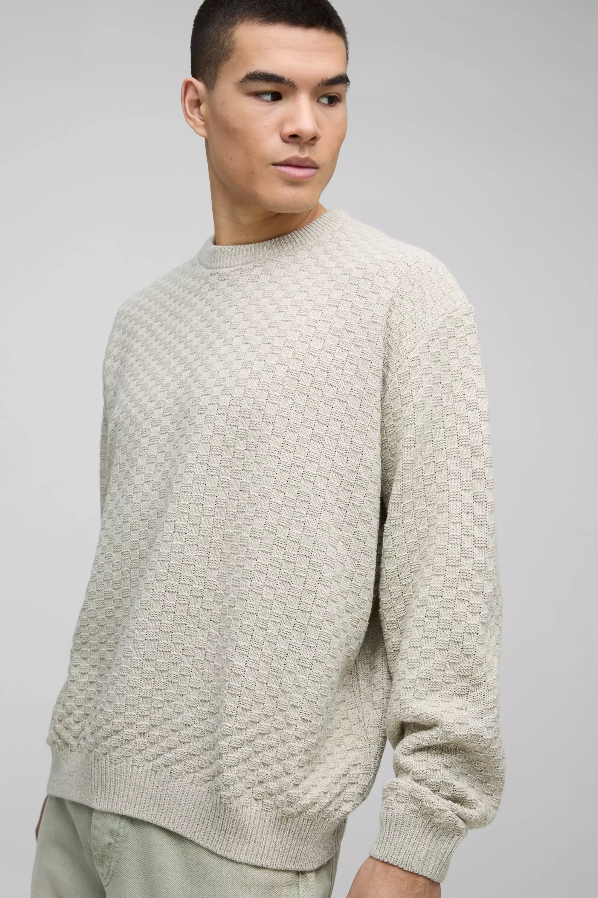 Stone Oversized Boxy Basket Knitted Crew Sweater alternative image