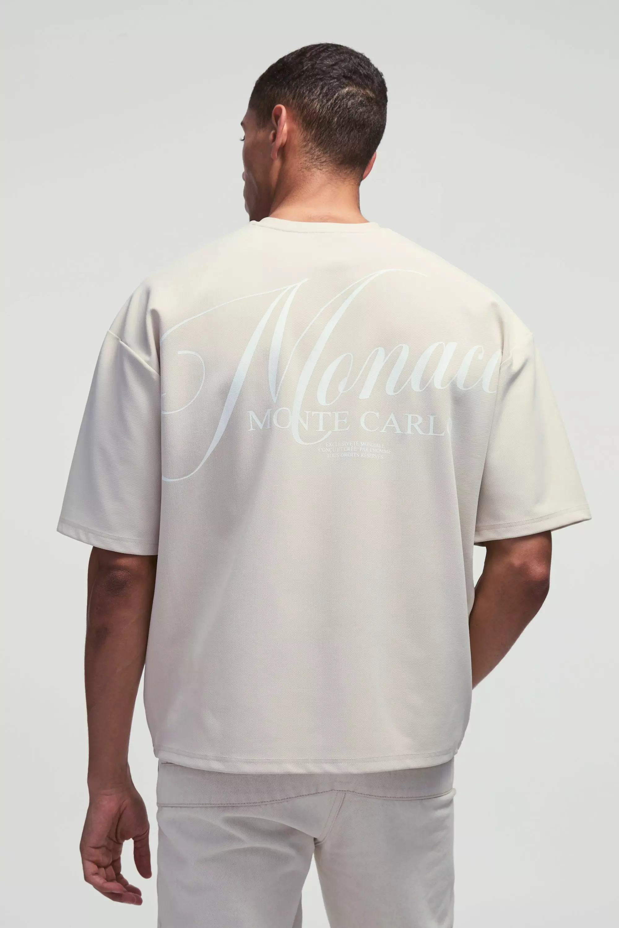 Stone Beige Oversized Boxy Jersey Twill Monaco Print T-Shirt