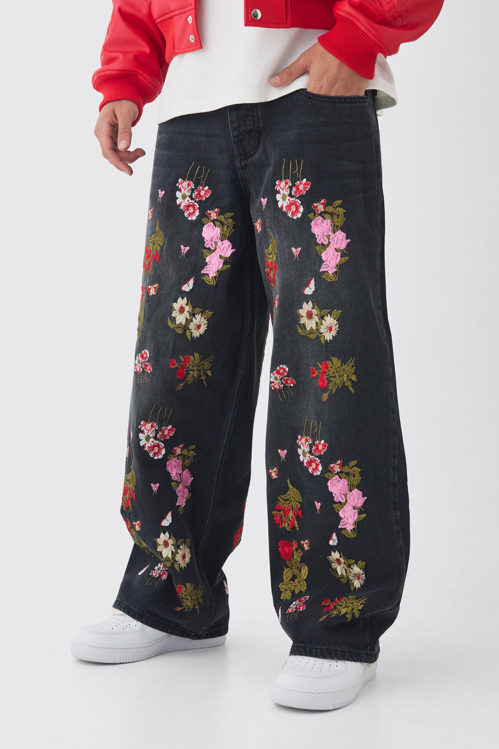 Baggy Fit Rigid Floral Embroidered Jeans | boohooMAN USA
