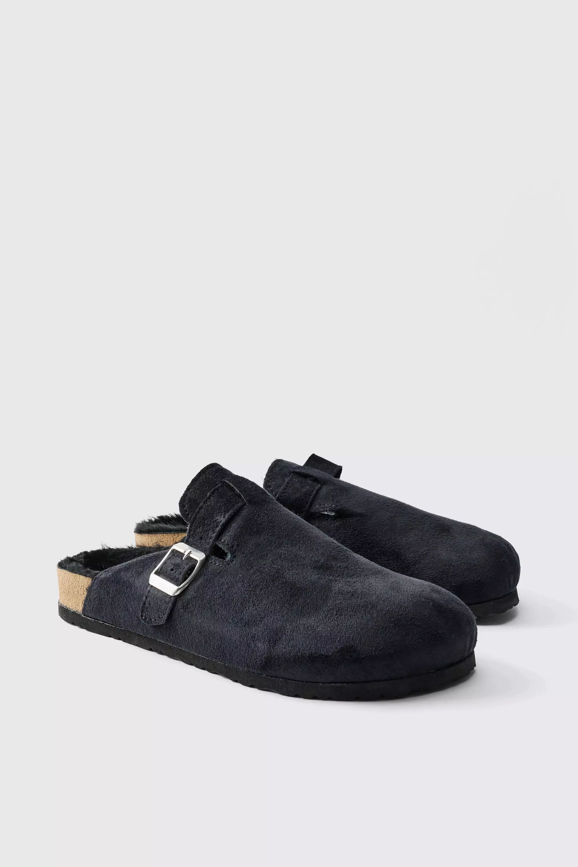 Faux Suede Sherpa Lined Mule In Black | boohooMAN USA