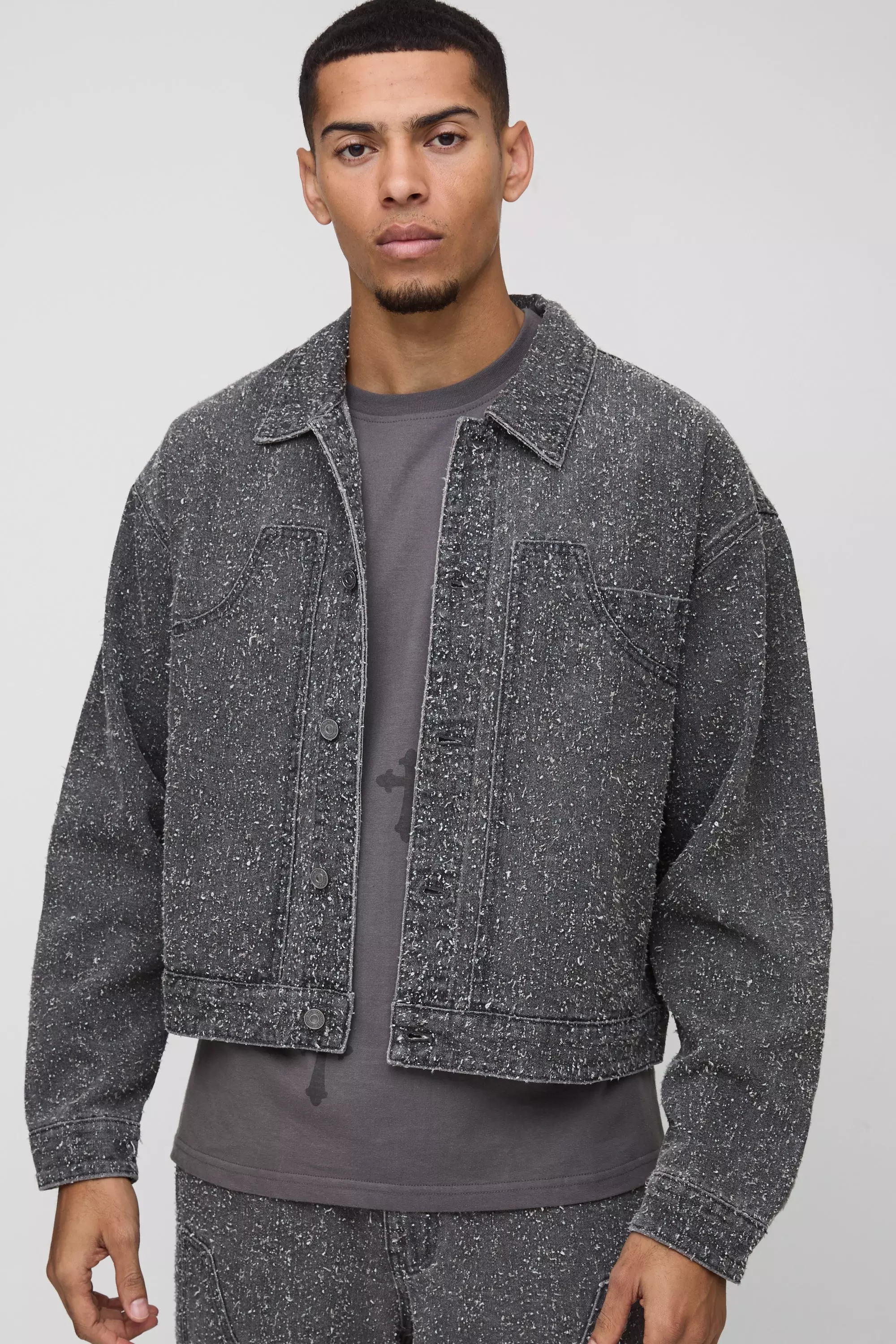 Boxy Textured Carpenter Jean Jacket Grey