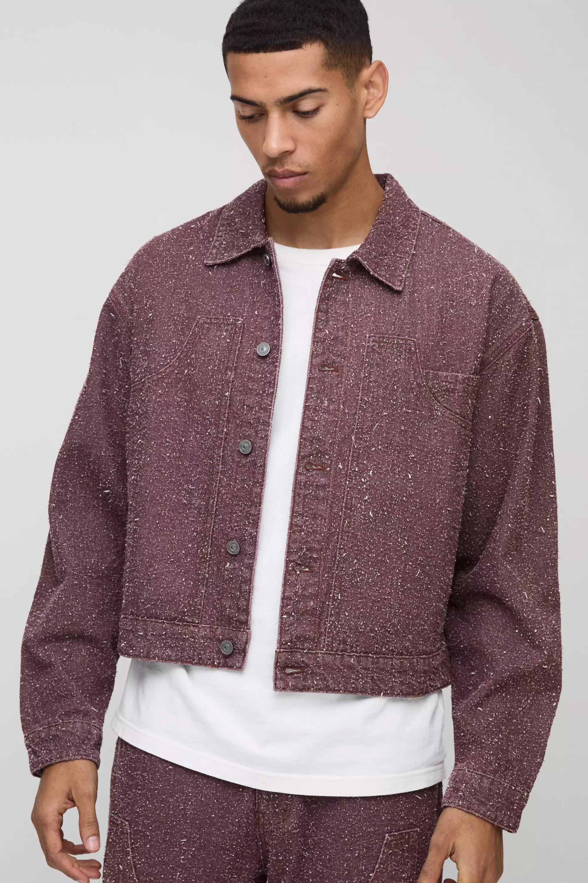 Boxy Textured Carpenter Denim Jacket Chocolate