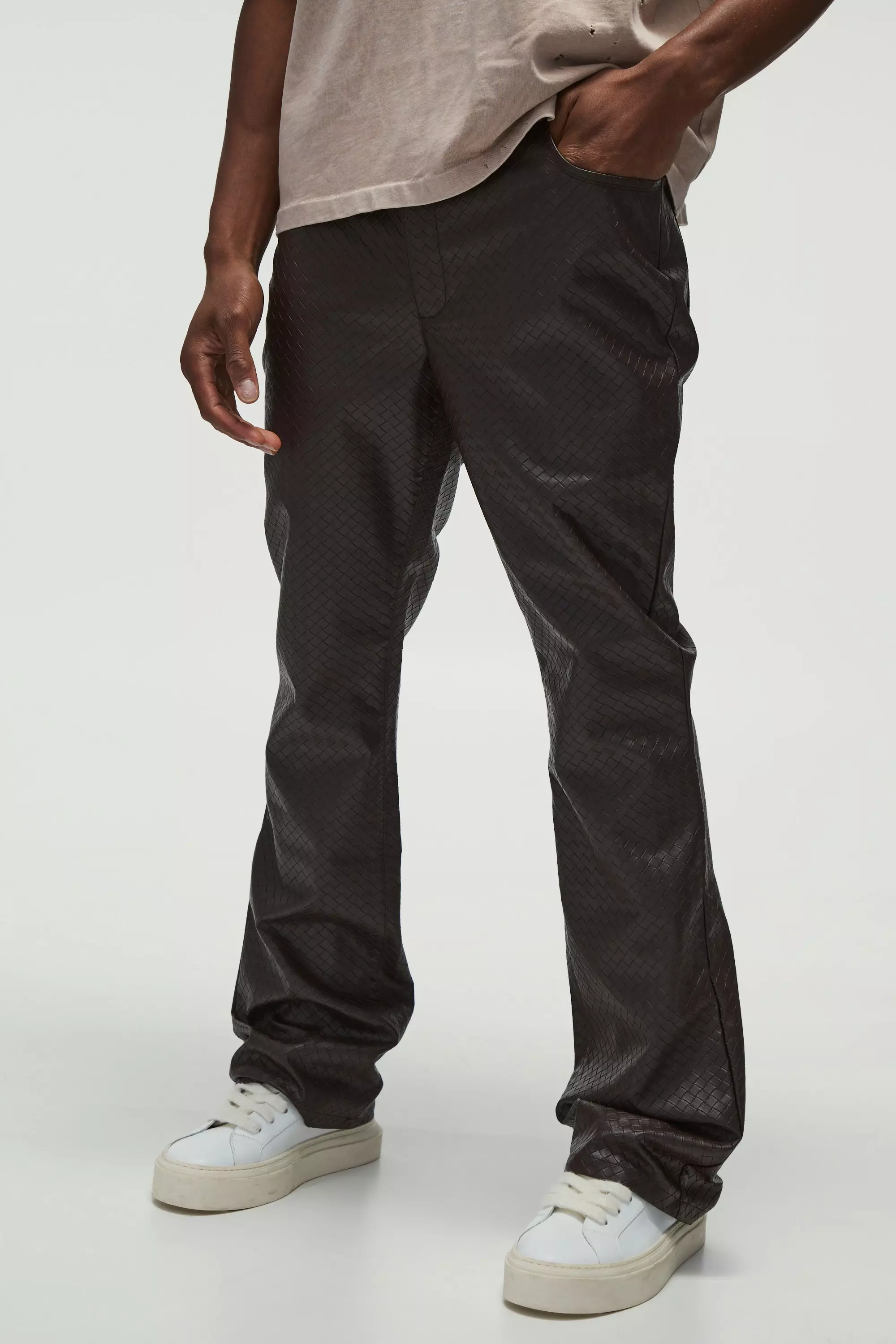Pantaloni A Zampa Slim Fit In Pu, Chocolate immagine alternativa