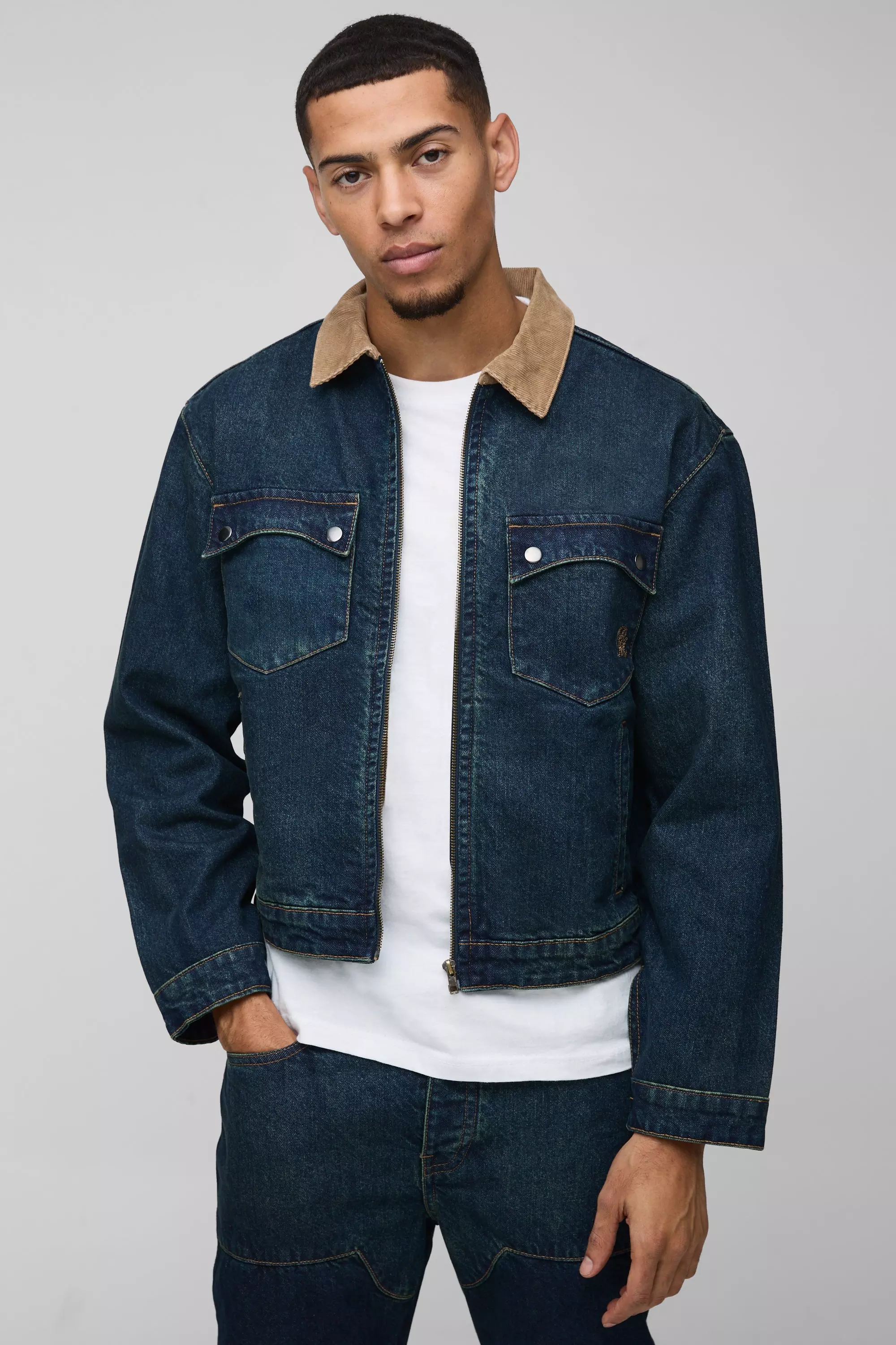 Blue Oversized Boxy Trucker Denim Jacket With Cord Collar