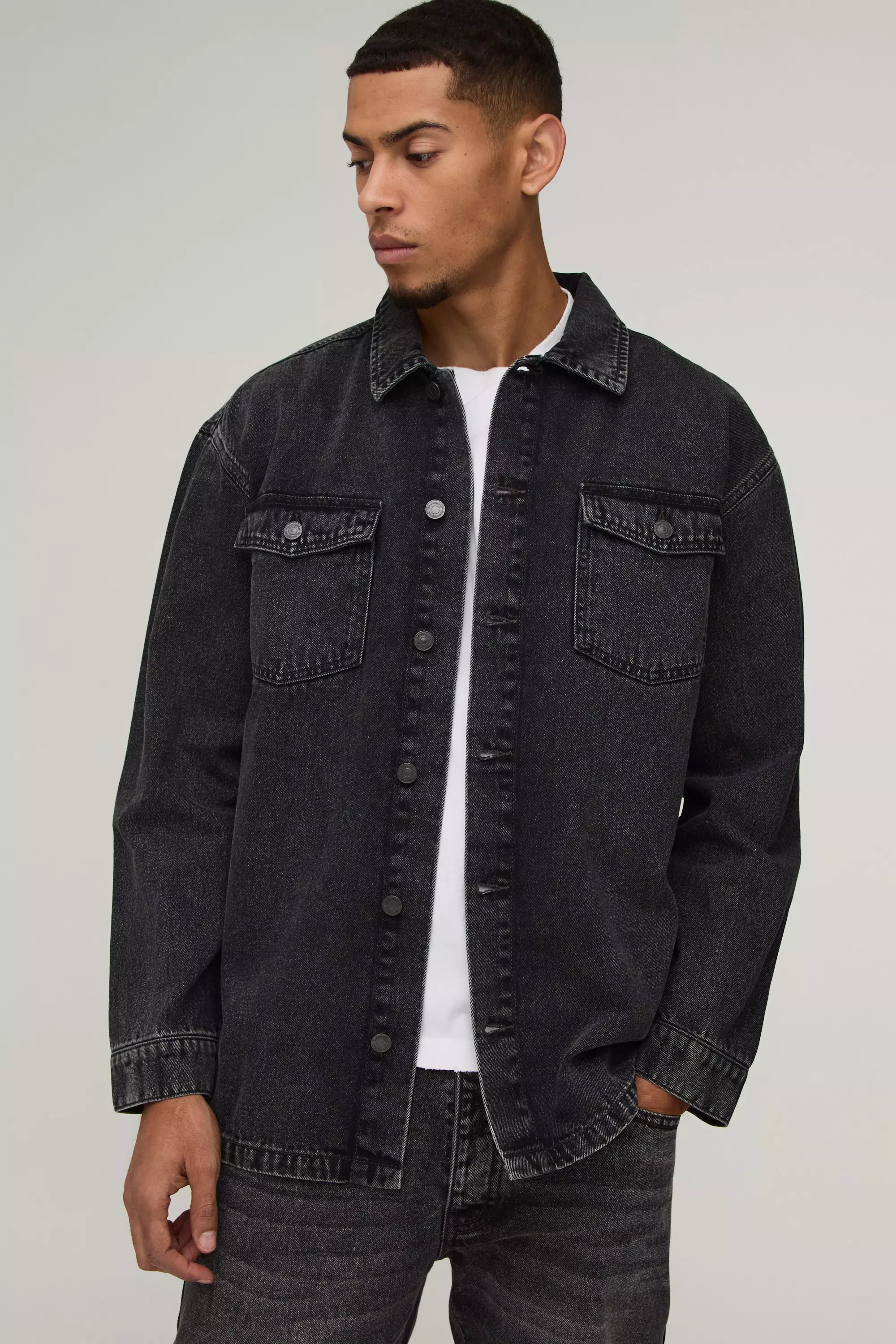 Oversized Denim Back Embroidered Shirt Charcoal