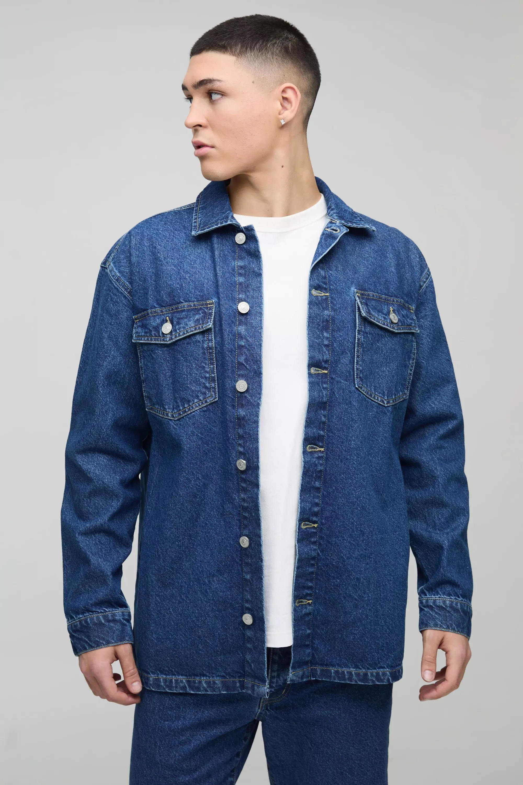 Mid blue Oversized Denim Back Embroidered Shirt alternative image