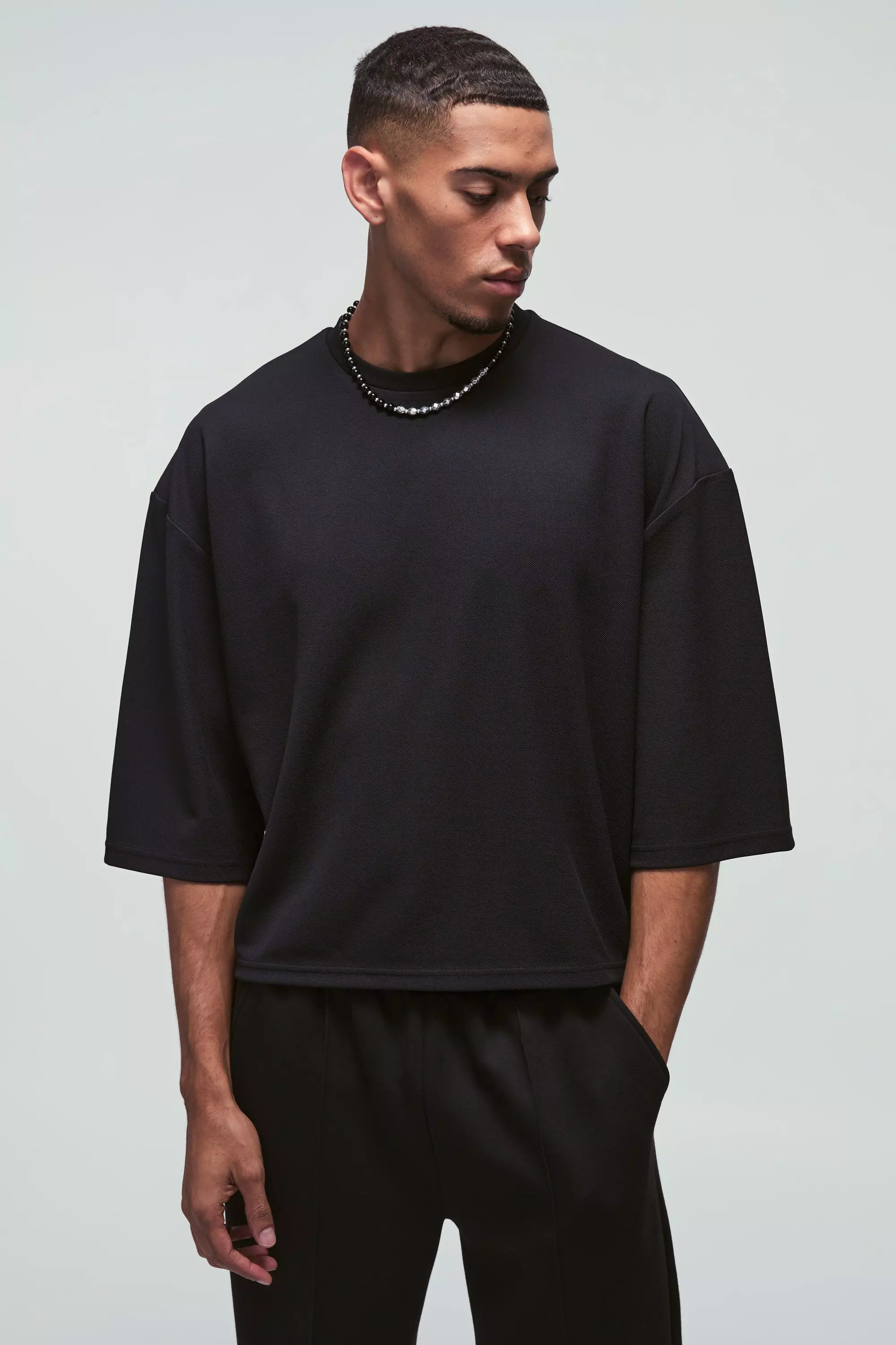 Black Oversized Jersey Twill Extra Boxy Half Sleeve T-shirt