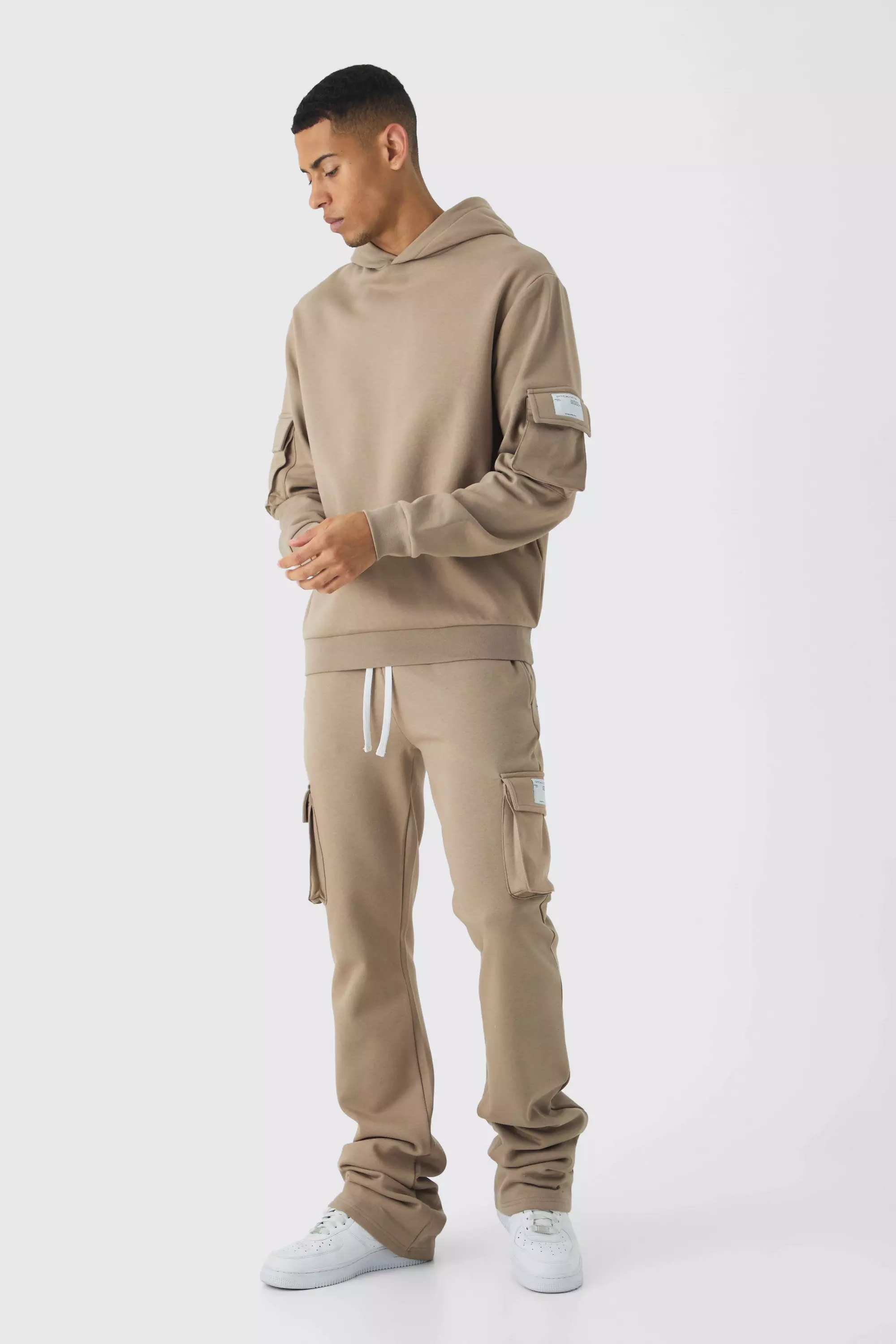 Super Stacked Woven Tab Cargo Hooded Tracksuit Taupe